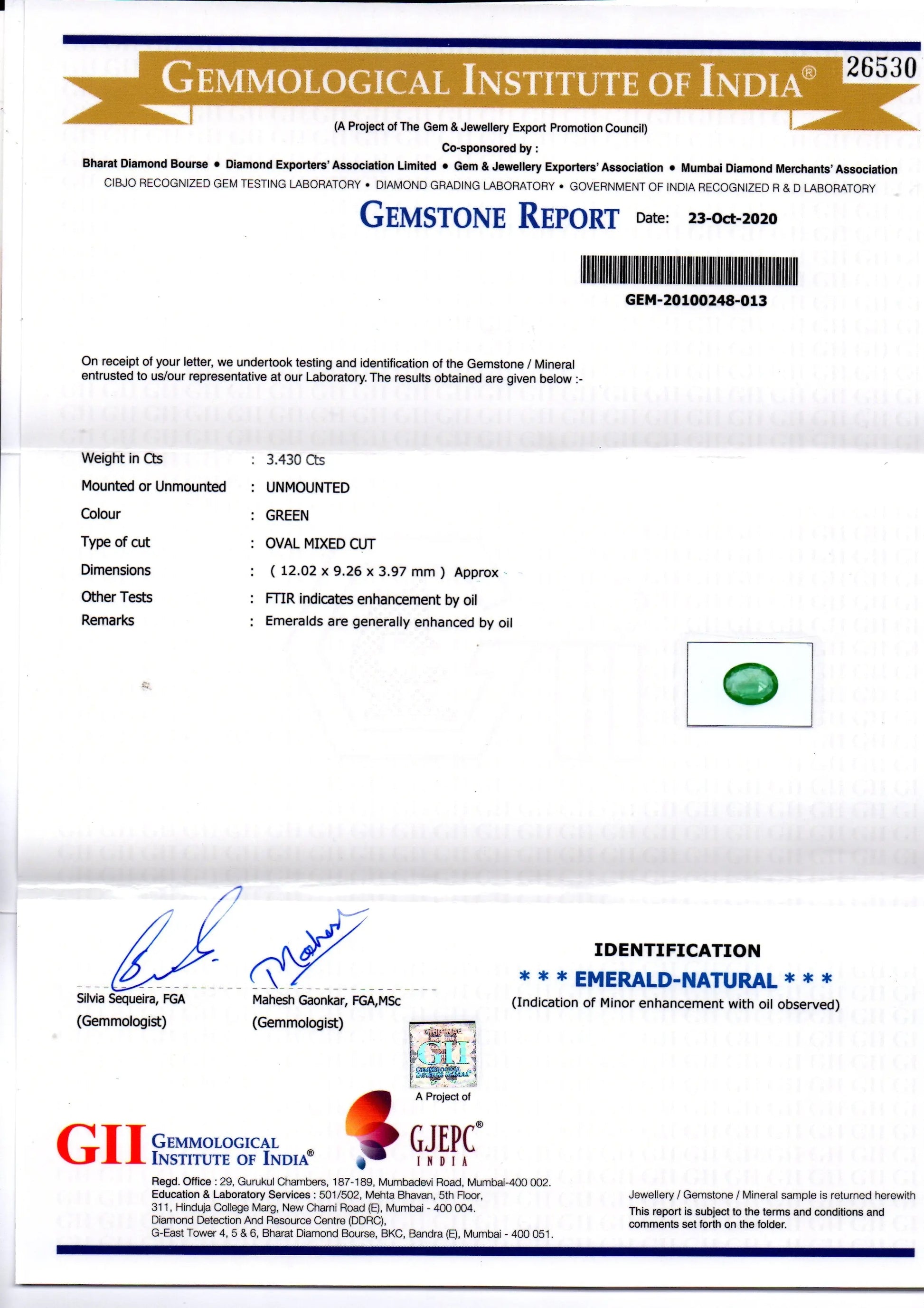 3.43 Ct GII Certified Untreated Natural Zambian Emerald Gems AAA
