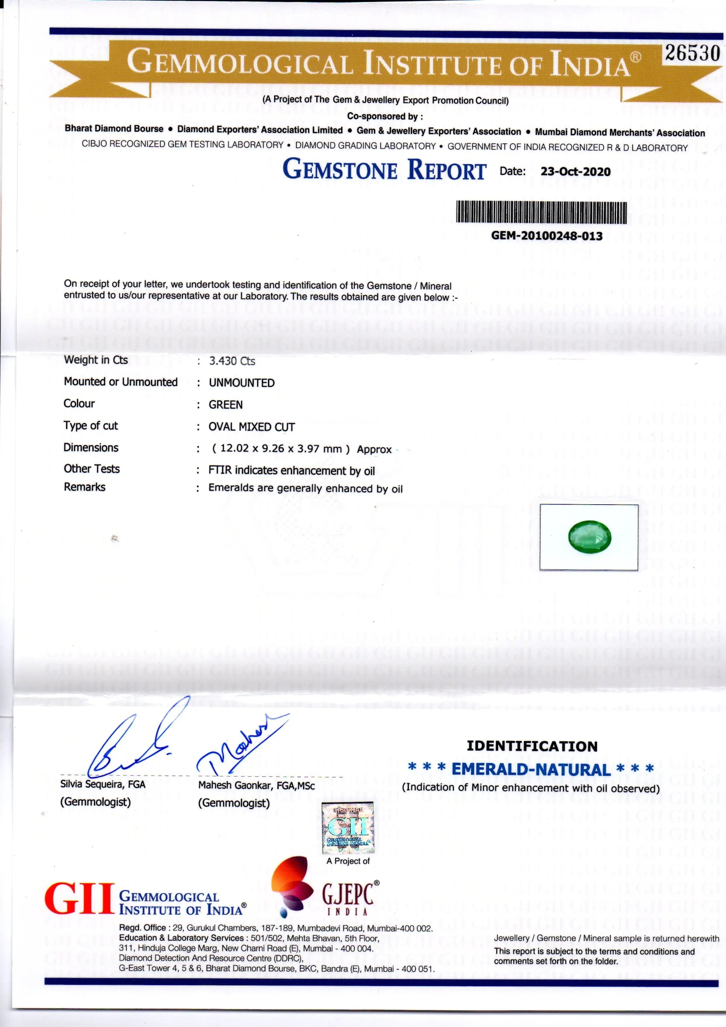 3.43 Ct GII Certified Untreated Natural Zambian Emerald Gems AAA