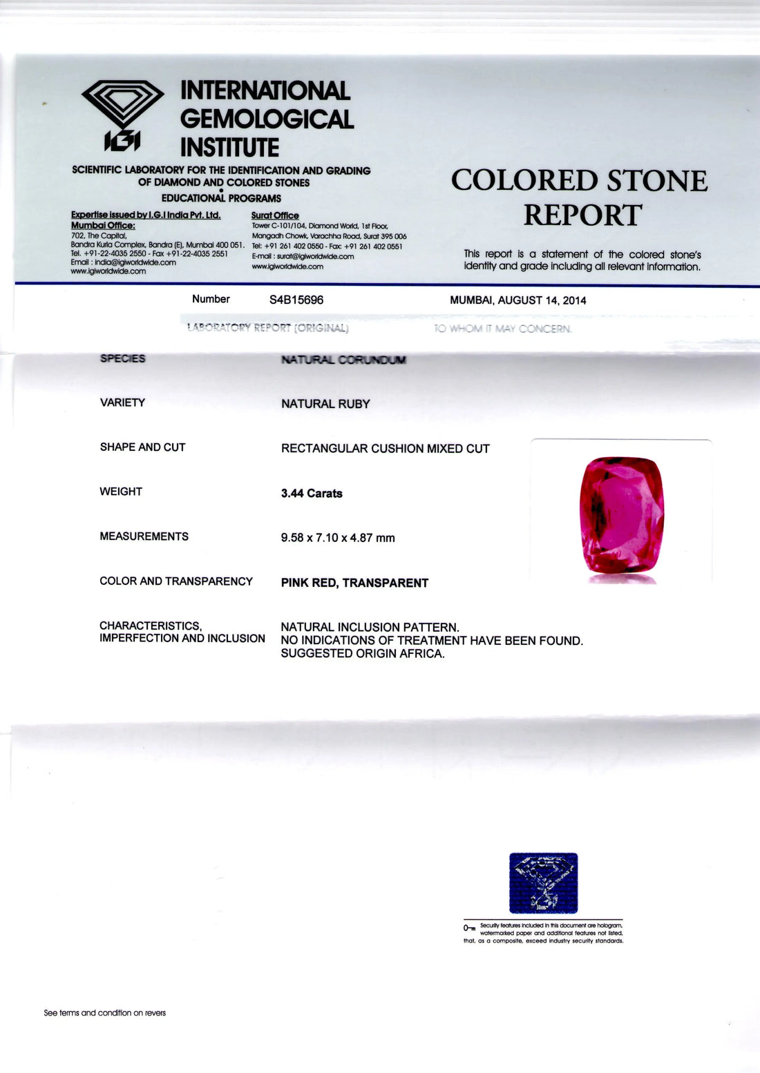 3.44 Ct IGI Certified Unheated Untreated Natural Madagaskar Ruby