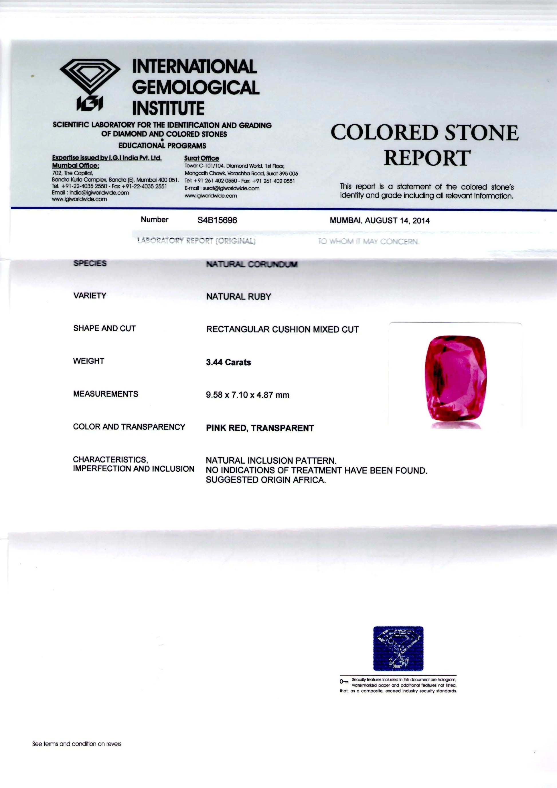 3.44 Ct IGI Certified Unheated Untreated Natural Madagaskar Ruby