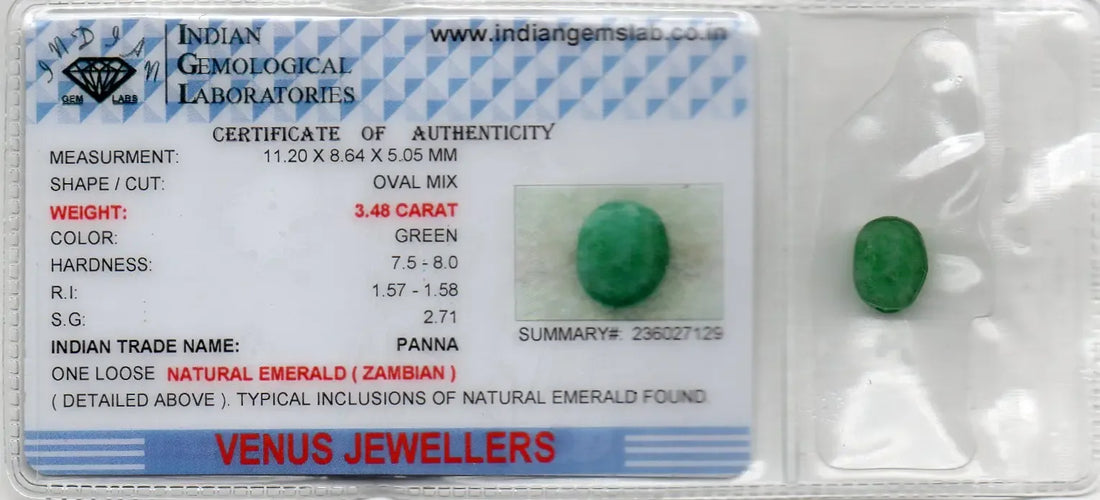 3.48 Ct Certified Untreated Natural Zambian Emerald Panna Gemstone - Venus Gems