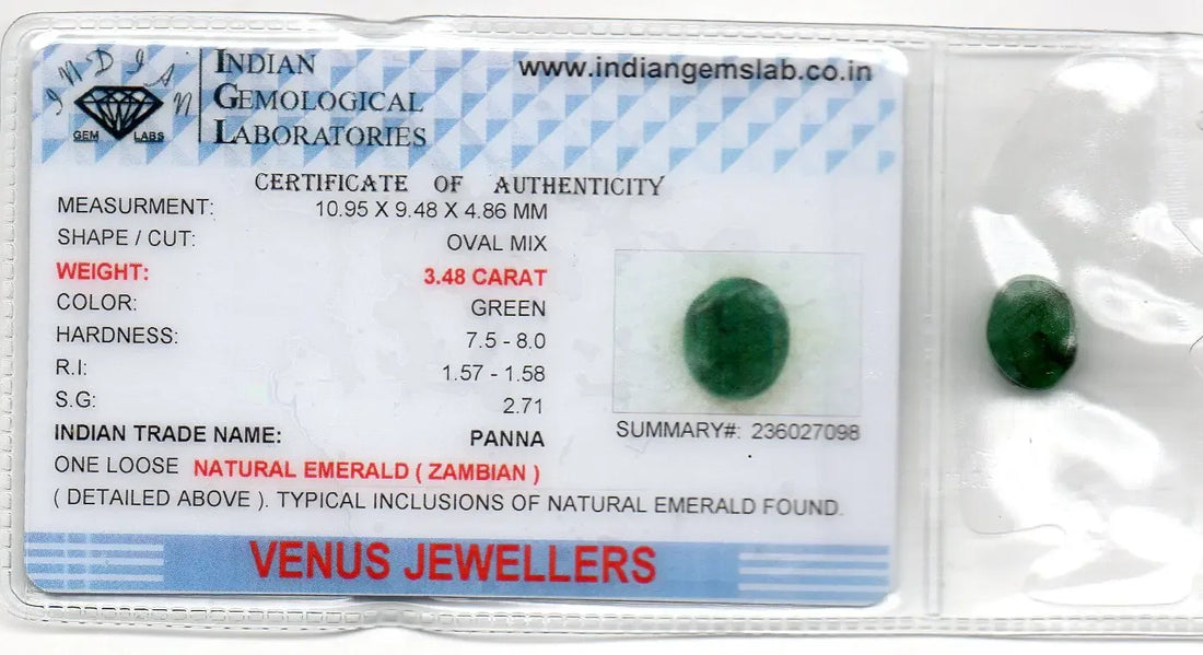 3.48 Ct Certified Untreated Natural Zambian Emerald Panna Gemstone - Venus Gems
