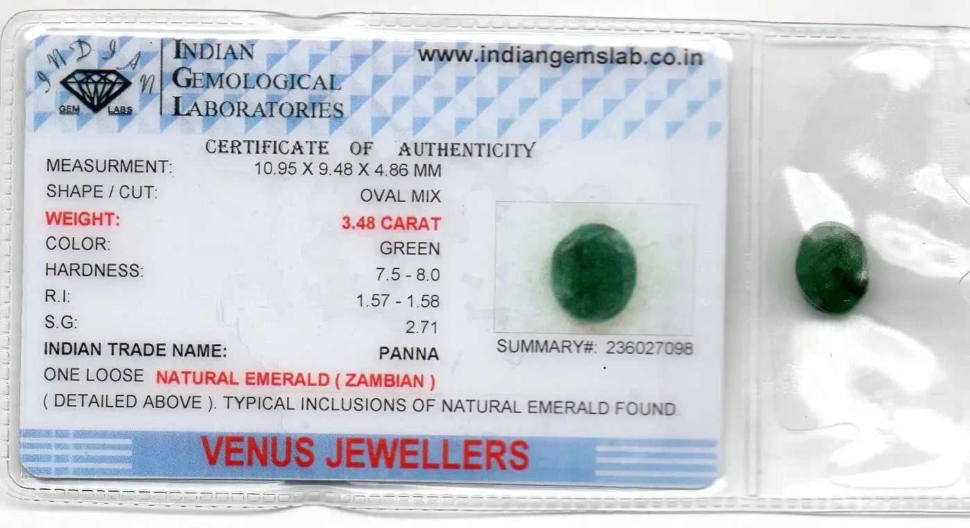 3.48 Ct Certified Untreated Natural Zambian Emerald Panna Gemstone - Venus Gems