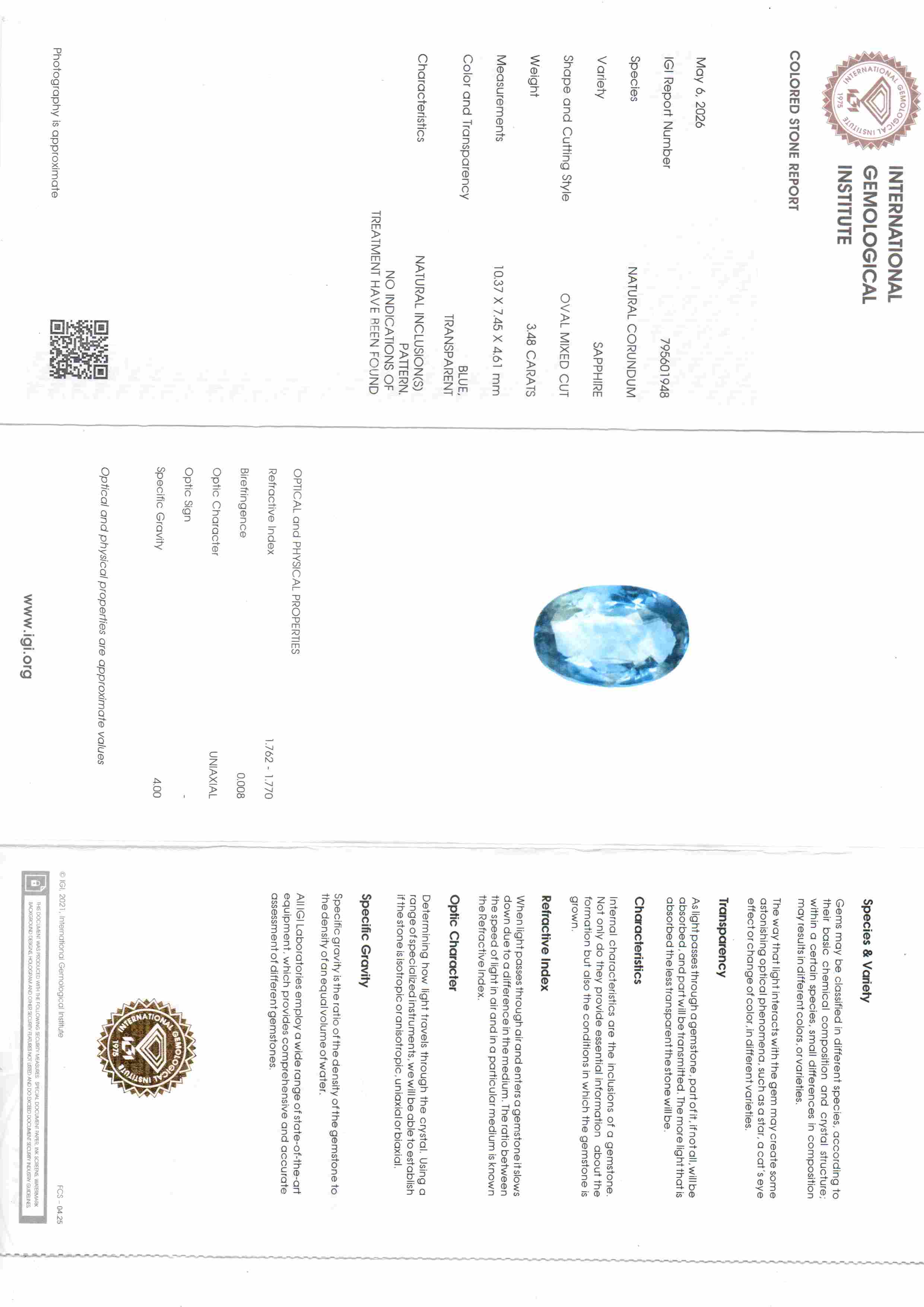 3.48 Ct 3.82 Ratti IGI Certified Unheated Untreated Natural Ceylon Blue Sapphire