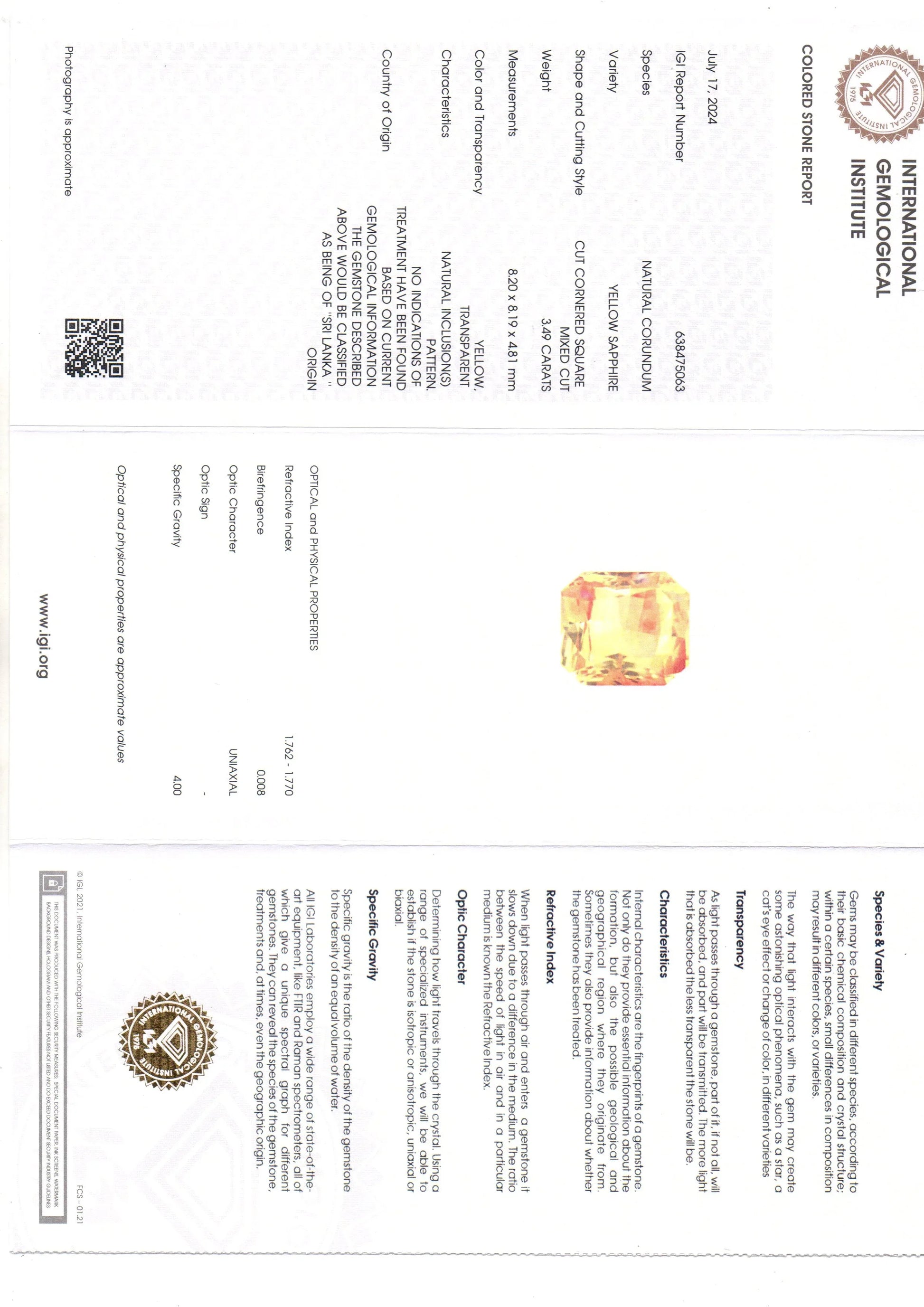3.49 Ct IGI Certified Unheated Untreated Natural Ceylon Yellow Sapphire AAA - Venus Gems