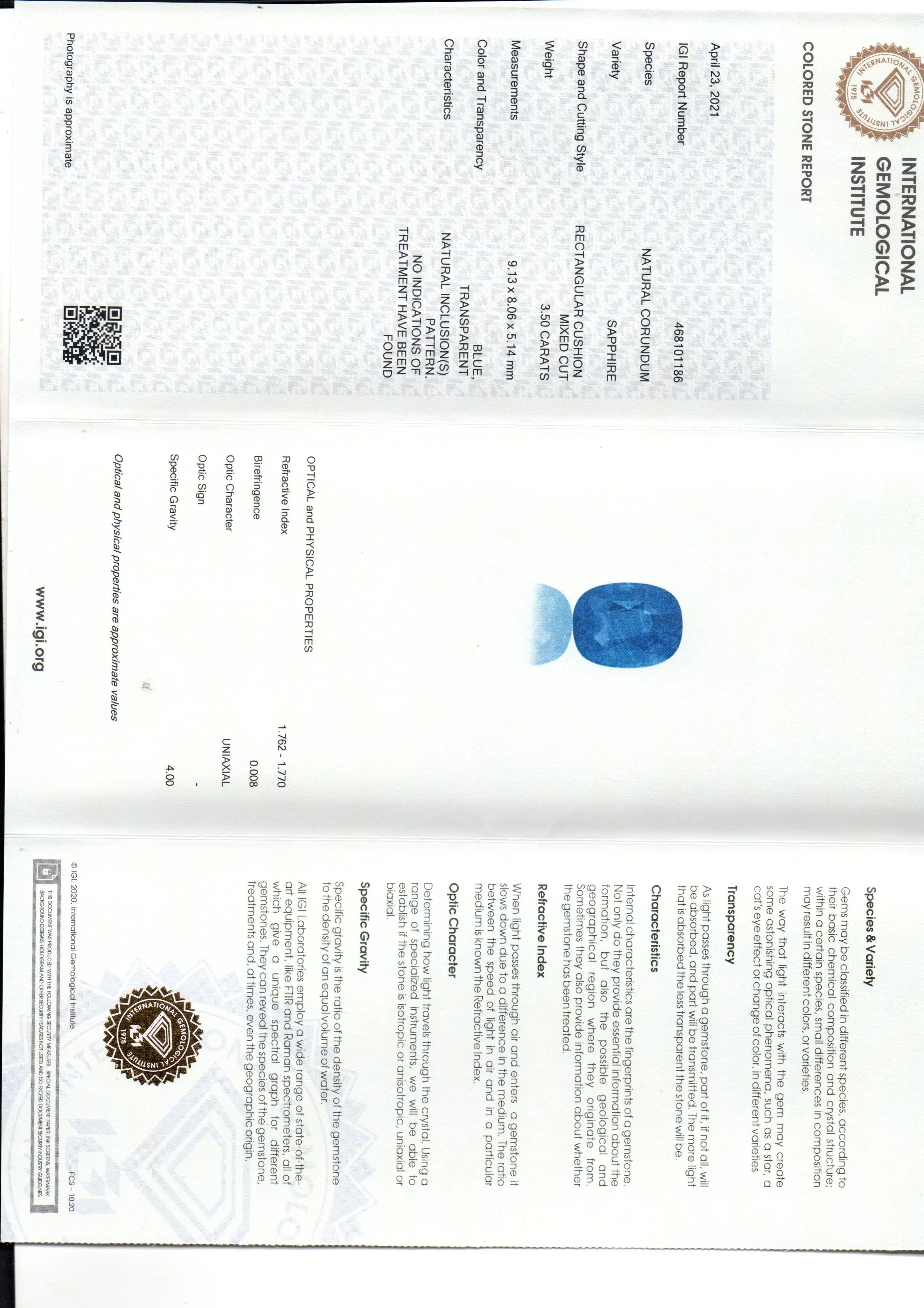 3.50 Ct IGI Certified Unheated Untreated Natural Ceylon Blue Sapphire