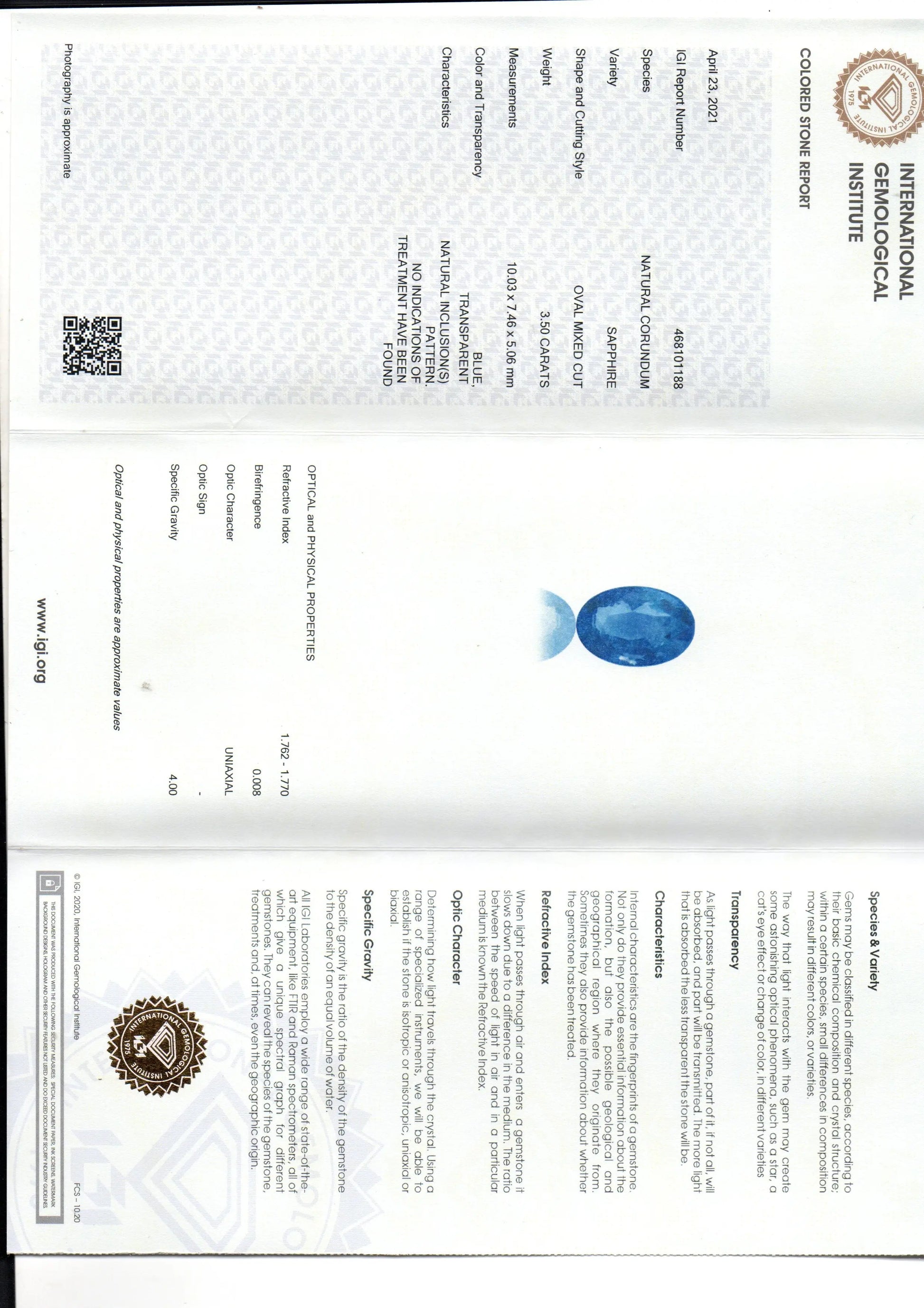 3.50 Ct IGI Certified Unheated Untreated Natural Ceylon Blue Sapphire AAA
