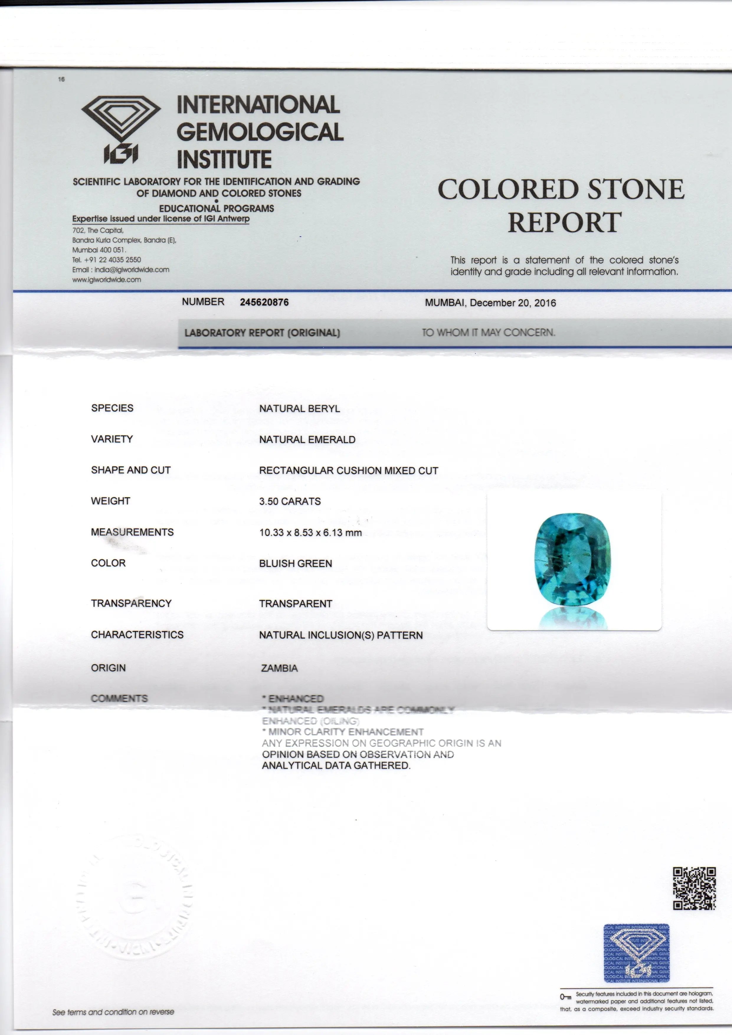 3.50 Ct Untreated Natural Zambian Emerald Gemstone Panna AA