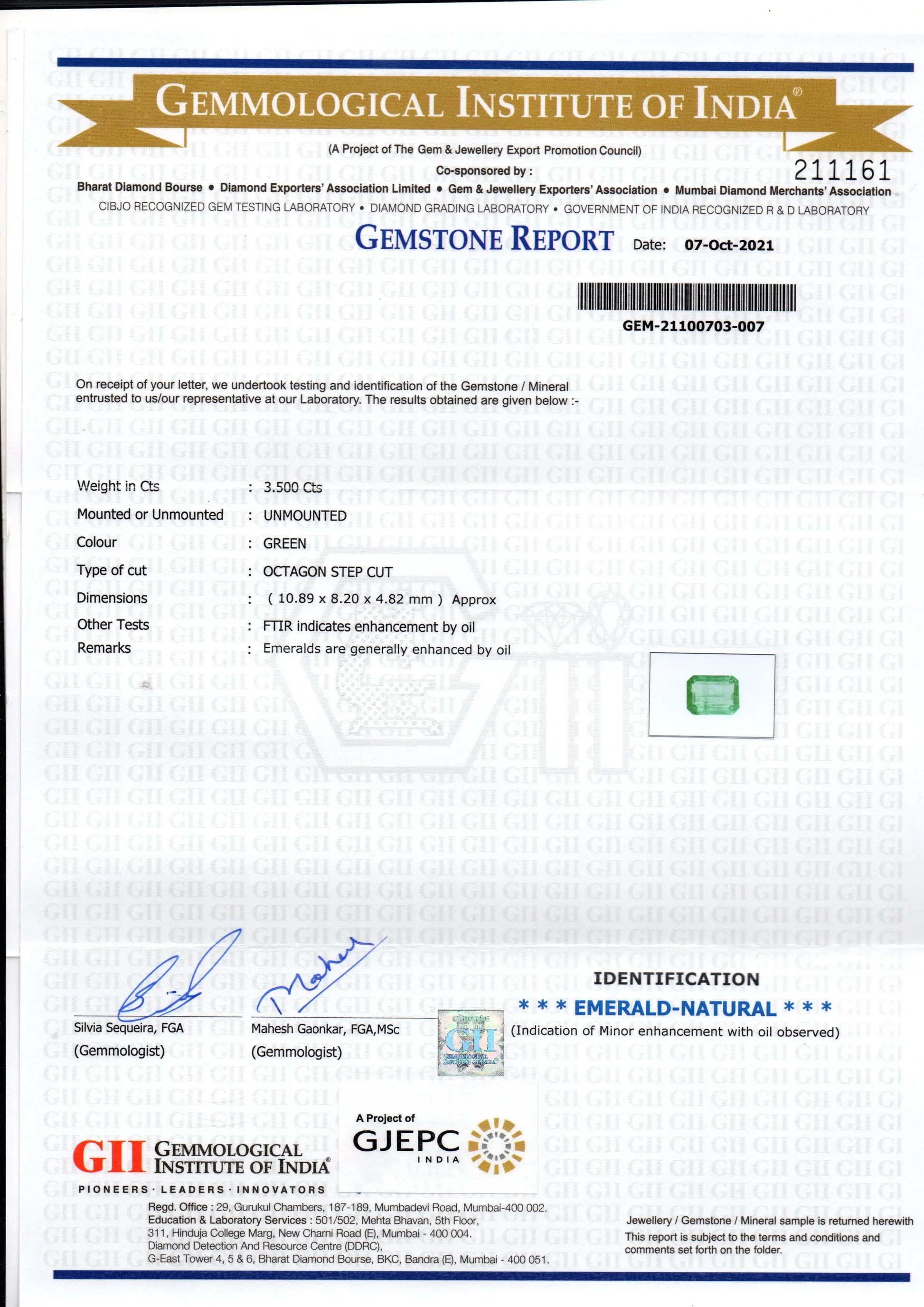 3.50 Ct GII Certified Untreated Natural Zambian Emerald Gemstones - Venus Gems