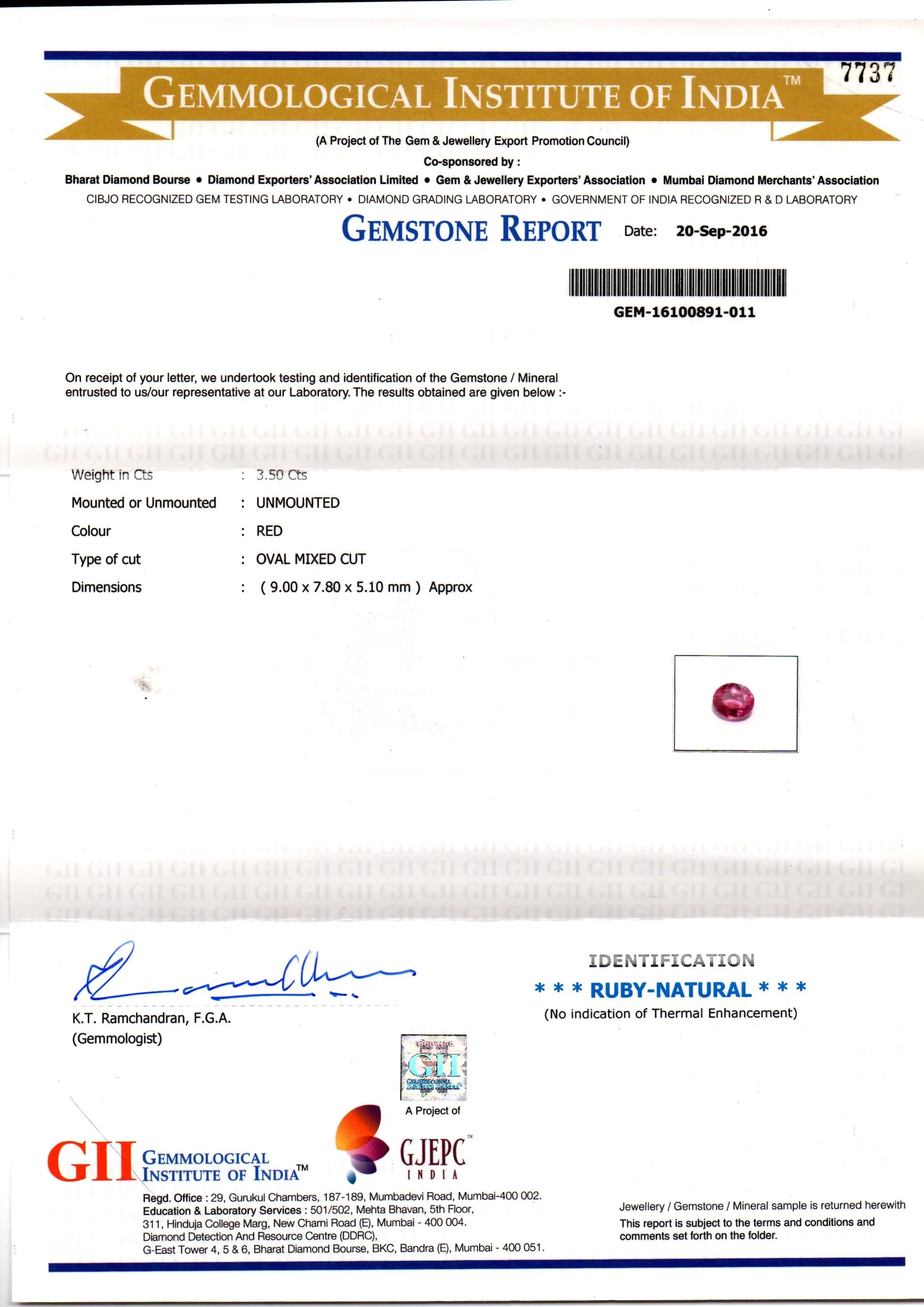 3.50 Ct GII Certified Unheated Untreated Natural Madagaskar Ruby AAAA