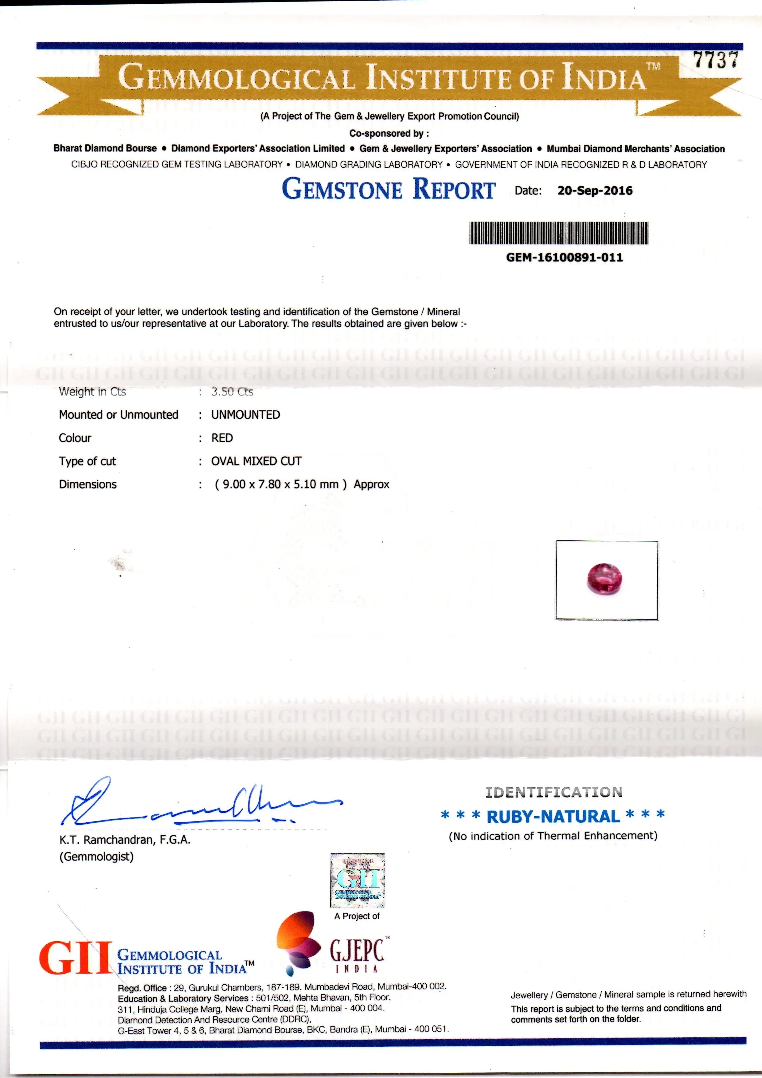 3.50 Ct GII Certified Unheated Untreated Natural Madagaskar Ruby AAAA
