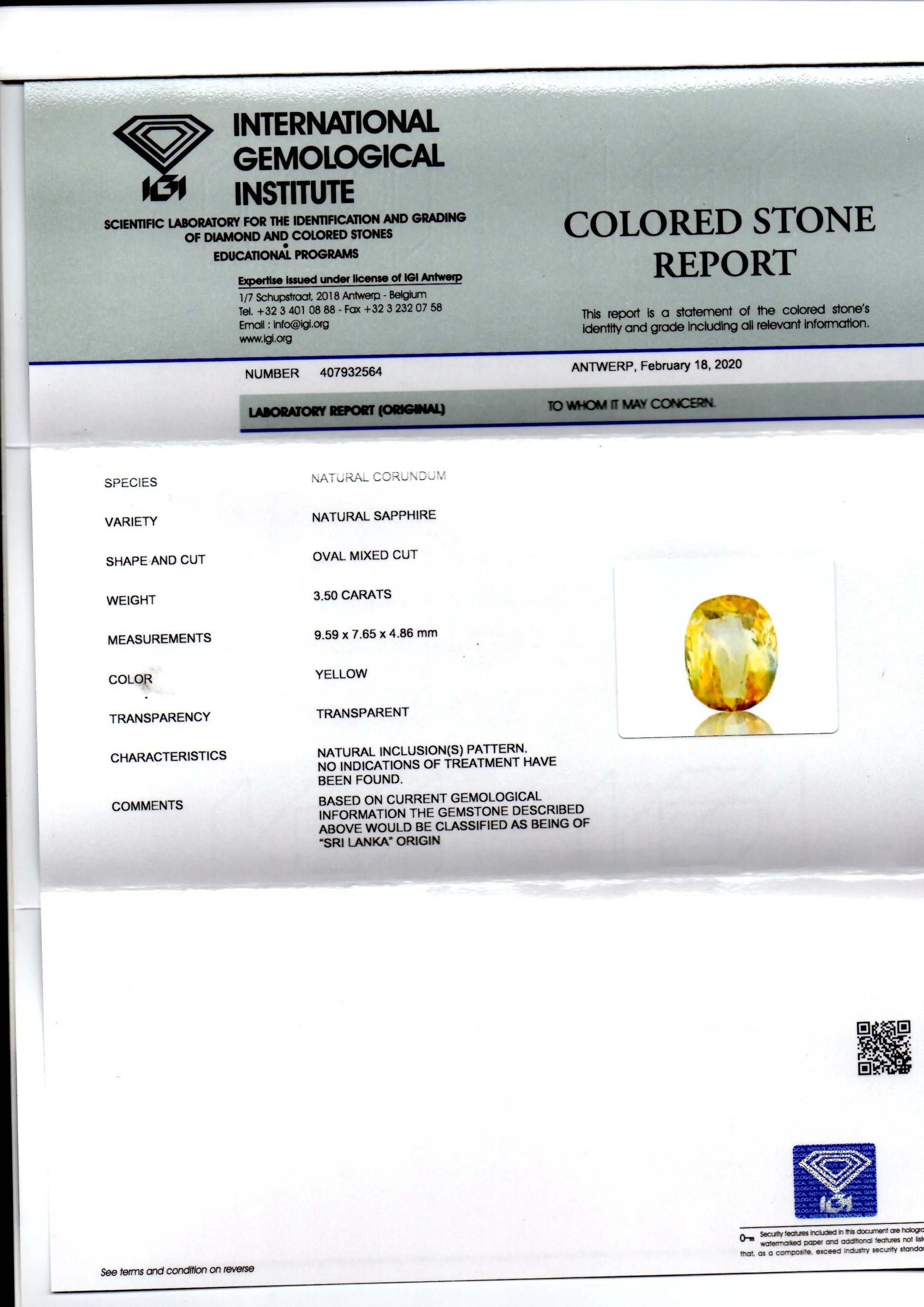 3.50 Ct IGI Certified Unheated Untreated Natural Ceylon Yellow Sapphire