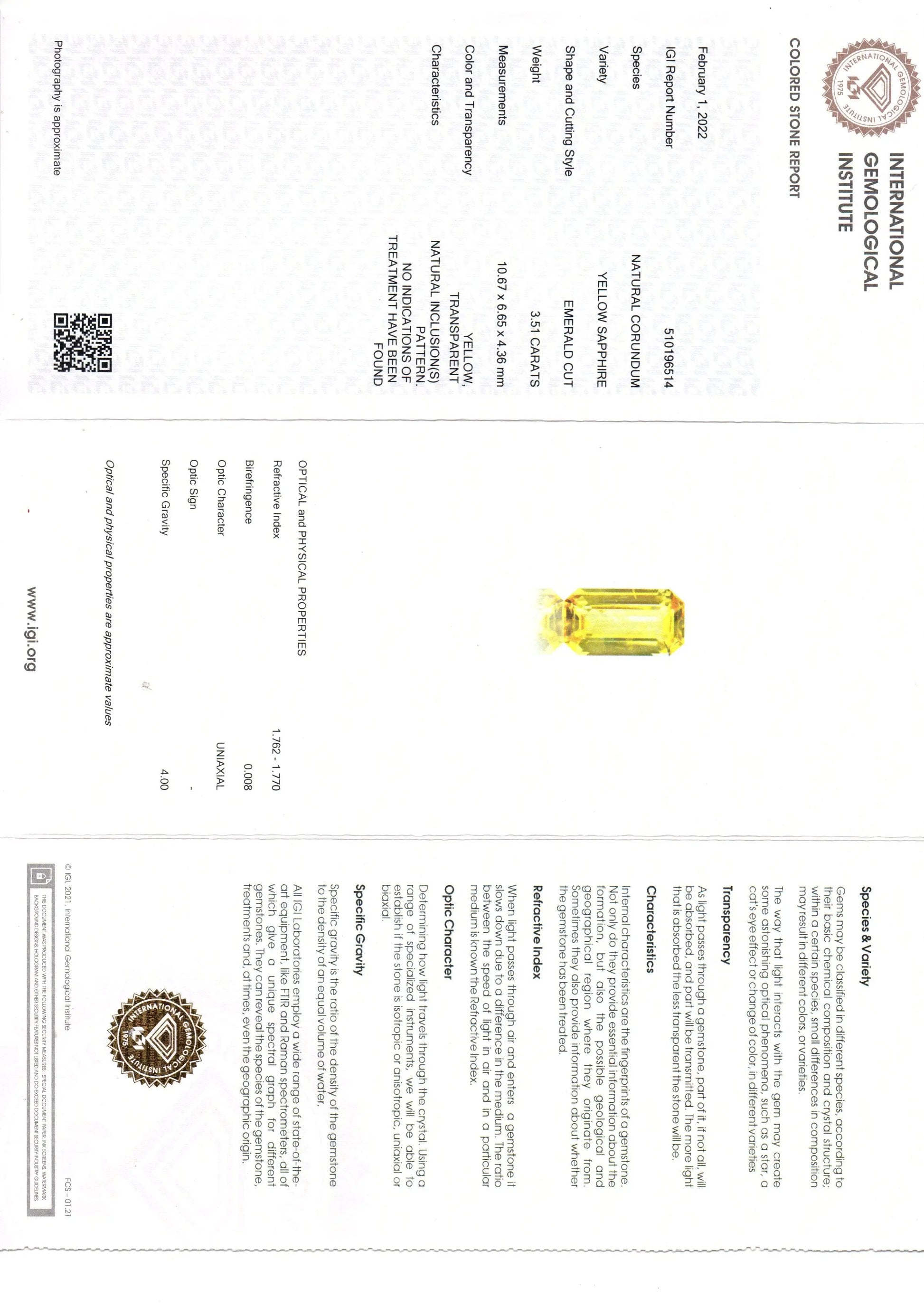 3.51 Ct IGI Certified Unheated Untreated Natural Ceylon Yellow Sapphire AAA