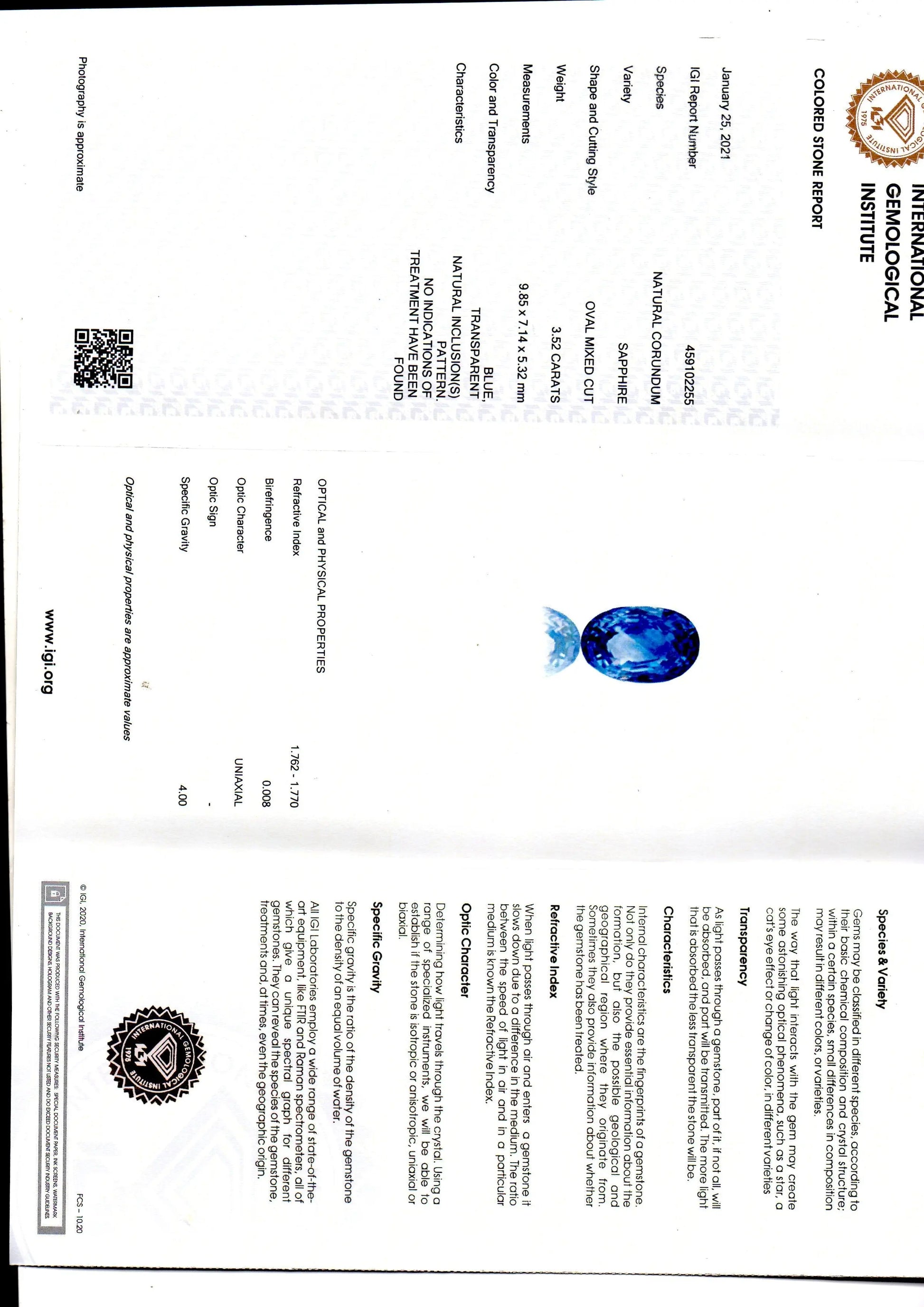 3.52 Ct IGI Certified Unheated Untreated Natural Ceylon Blue Sapphire AA