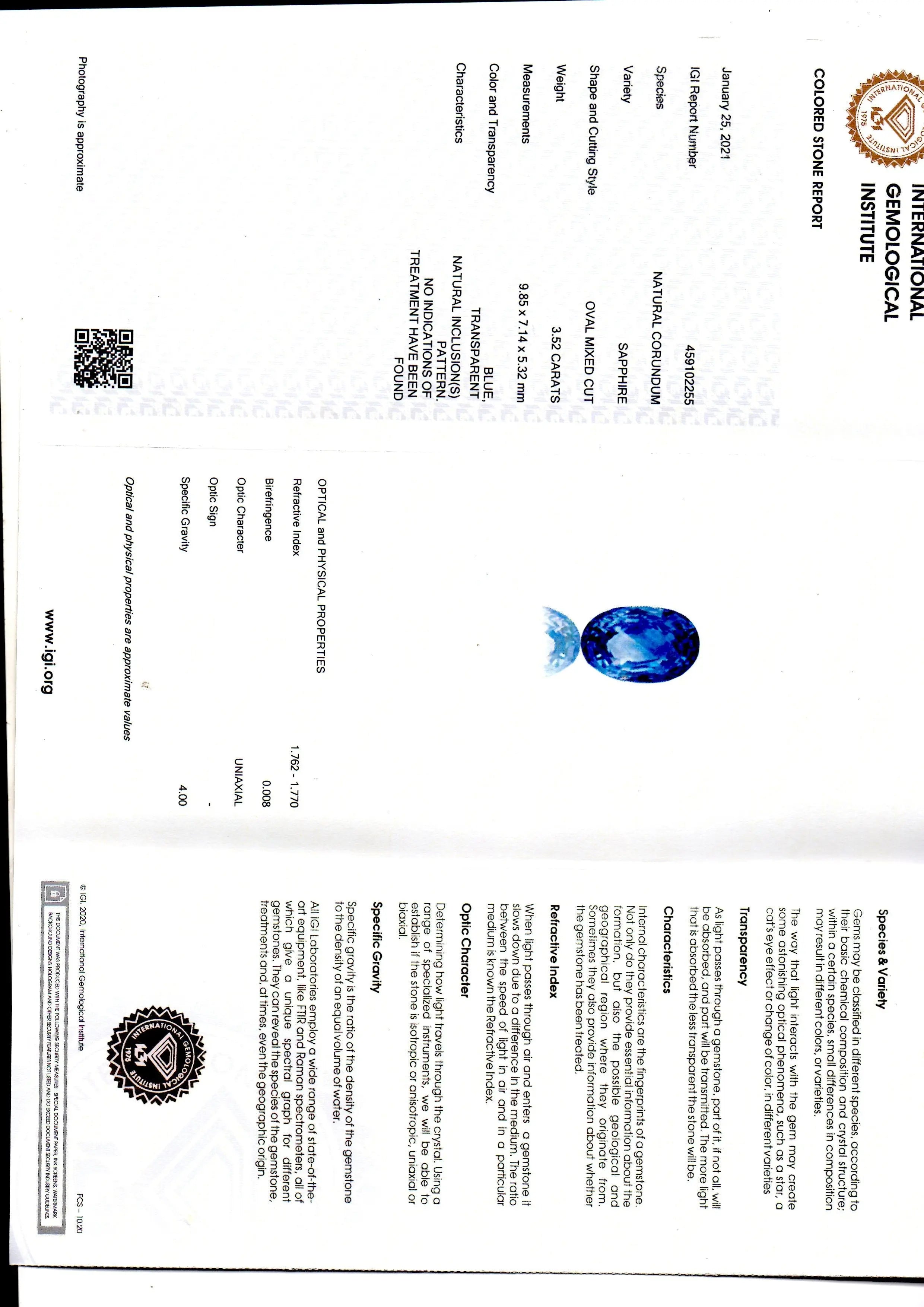 3.52 Ct IGI Certified Unheated Untreated Natural Ceylon Blue Sapphire AA