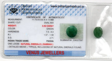 3.52 Ct Certified Untreated Natural Zambian Emerald Panna Gemstone - Venus Gems
