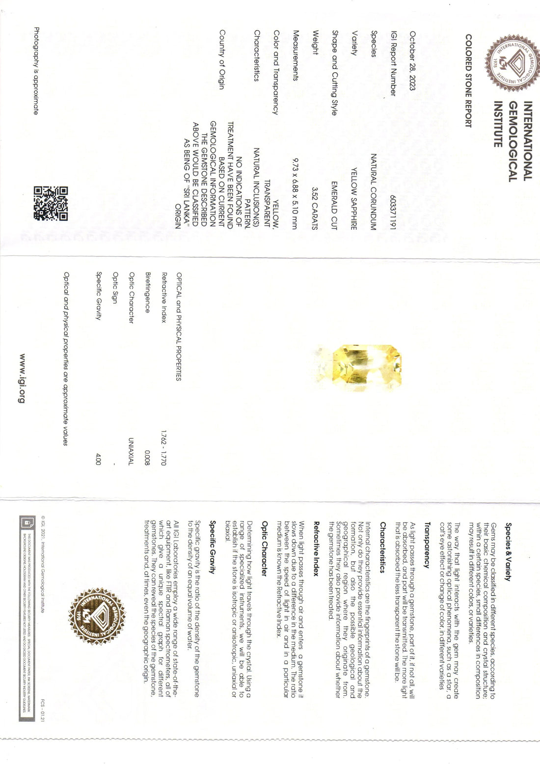 3.52 Ct IGI Certified Unheated Untreated Natural Ceylon Yellow Sapphire - Venus Gems
