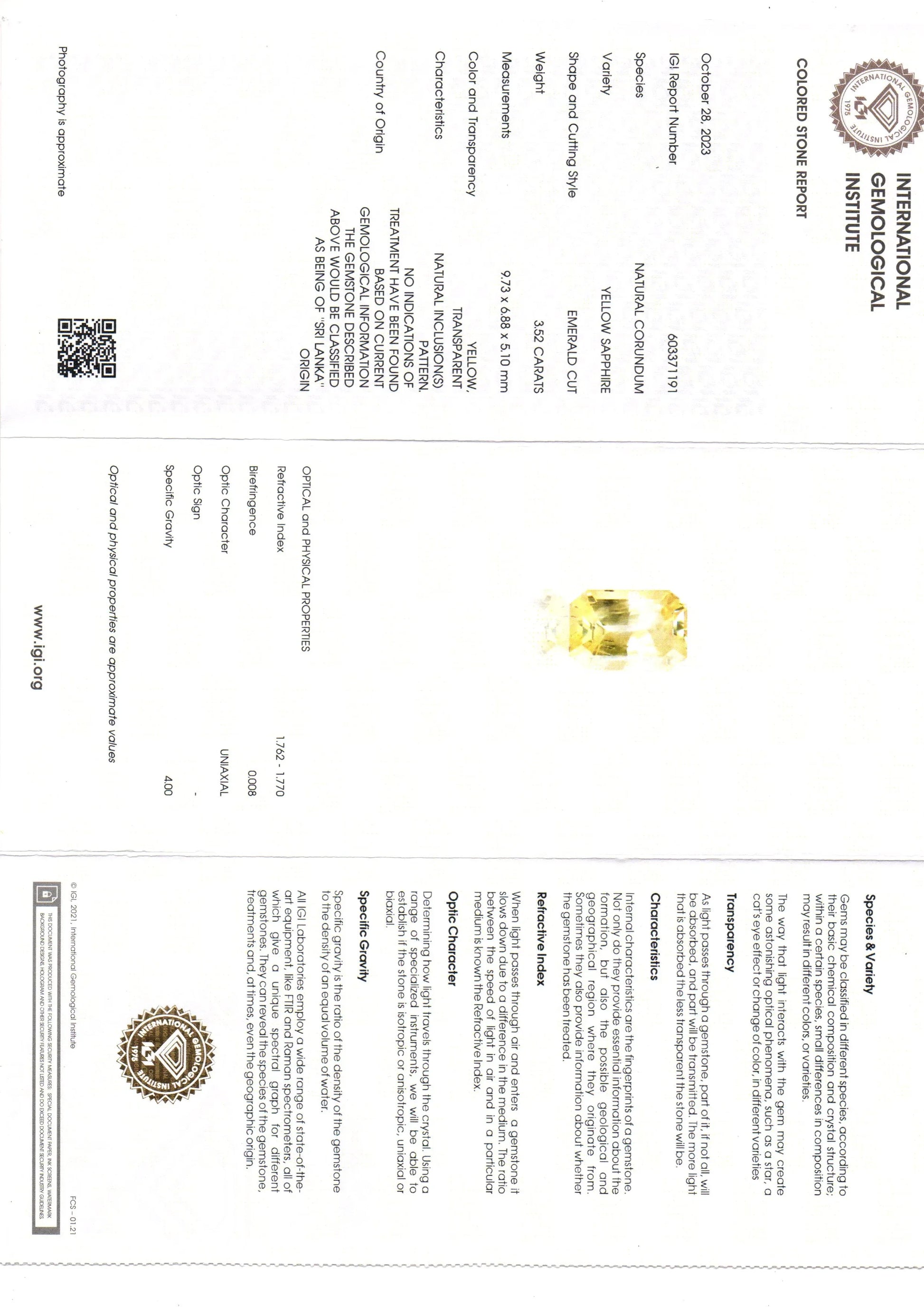 3.52 Ct IGI Certified Unheated Untreated Natural Ceylon Yellow Sapphire - Venus Gems
