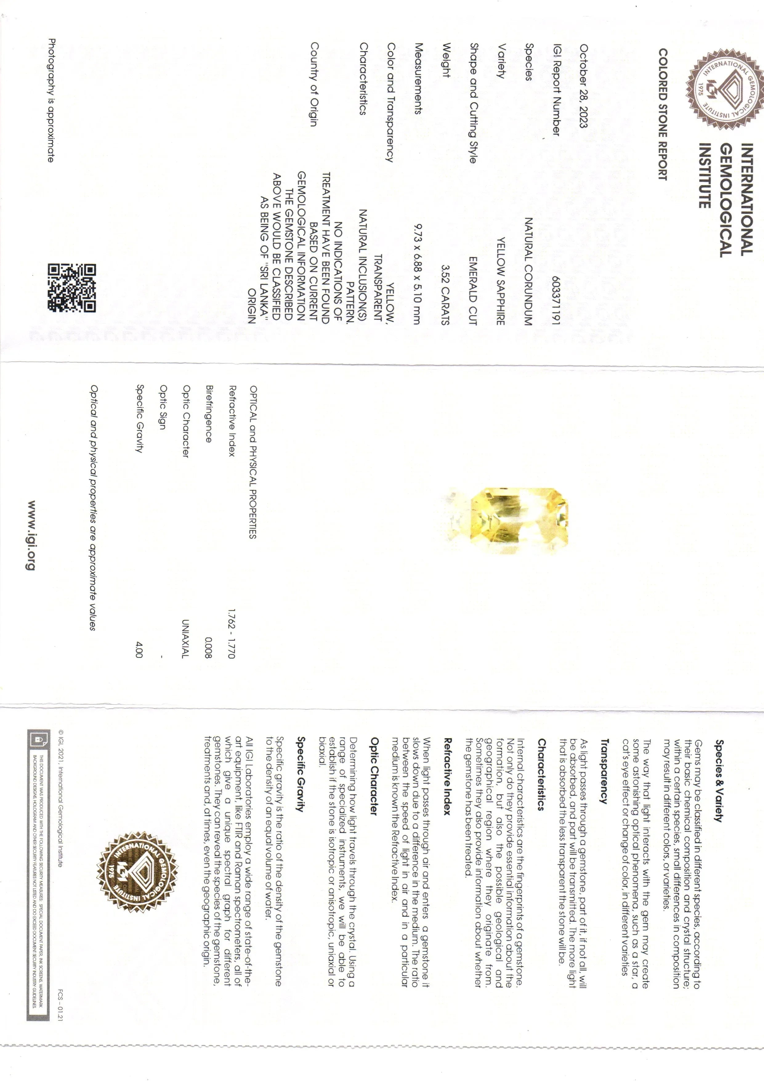 3.52 Ct IGI Certified Unheated Untreated Natural Ceylon Yellow Sapphire - Venus Gems