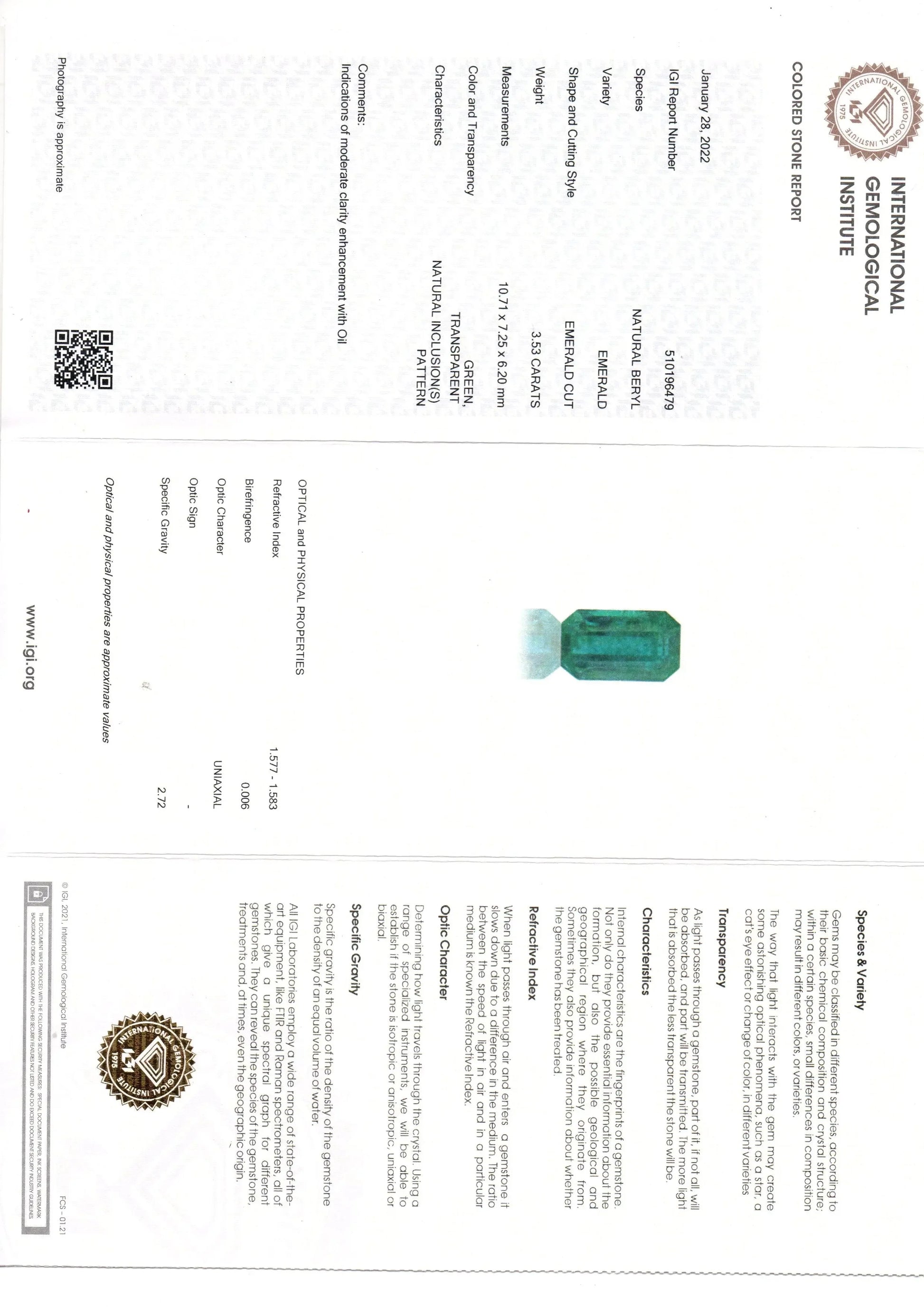 3.53 Ct IGI Certified Untreated Natural Zambian Emerald Gemstone - Venus Gems