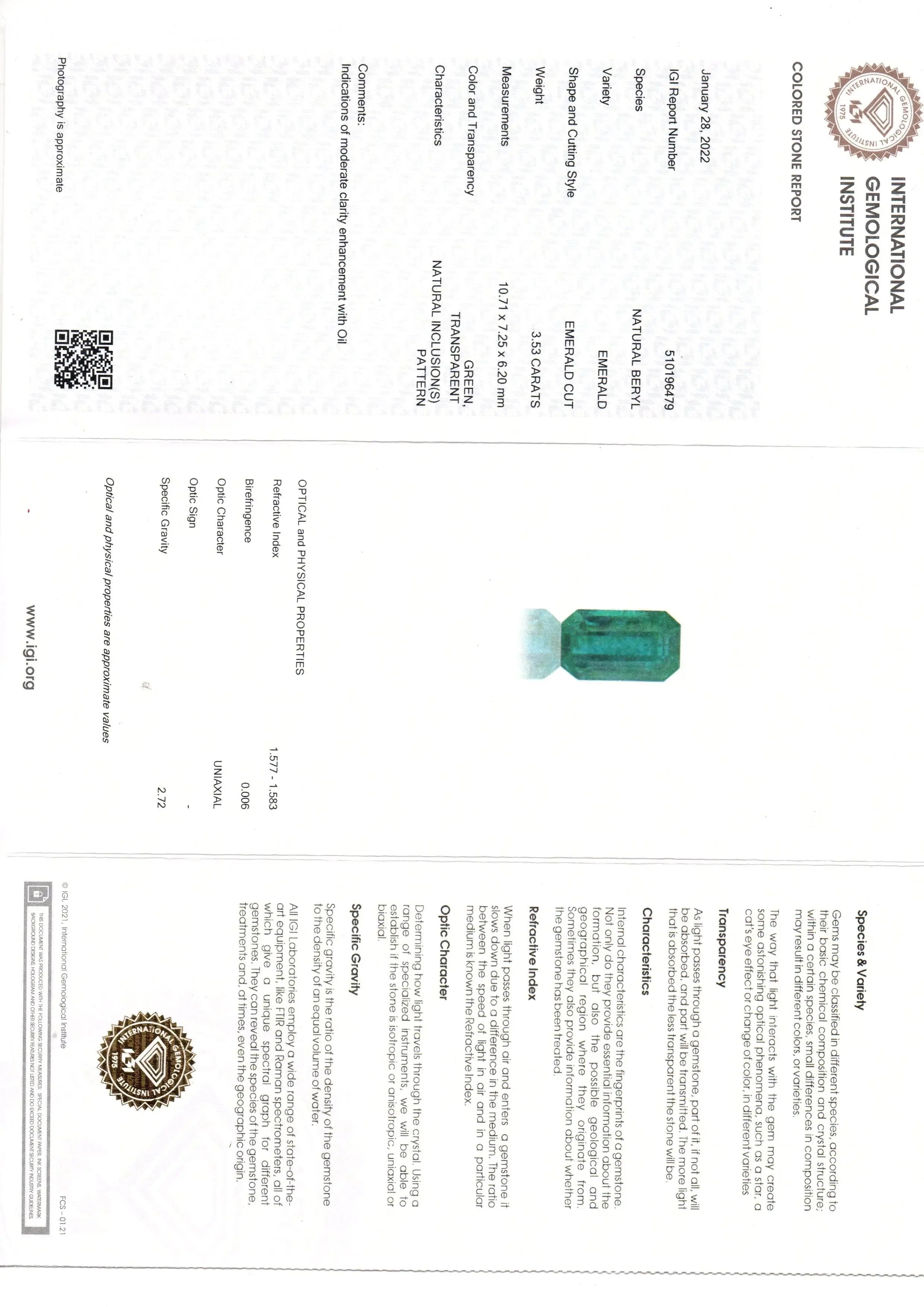 3.53 Ct IGI Certified Untreated Natural Zambian Emerald Gemstone - Venus Gems
