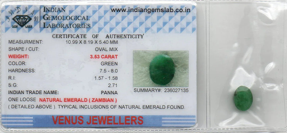3.53 Ct Certified Untreated Natural Zambian Emerald Panna Gemstone - Venus Gems