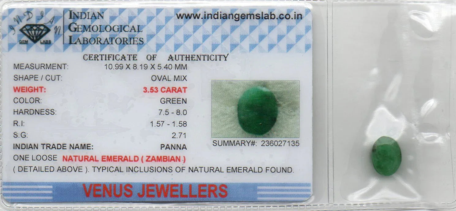 3.53 Ct Certified Untreated Natural Zambian Emerald Panna Gemstone - Venus Gems