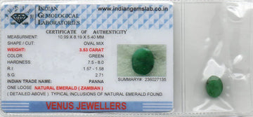 3.53 Ct Certified Untreated Natural Zambian Emerald Panna Gemstone - Venus Gems