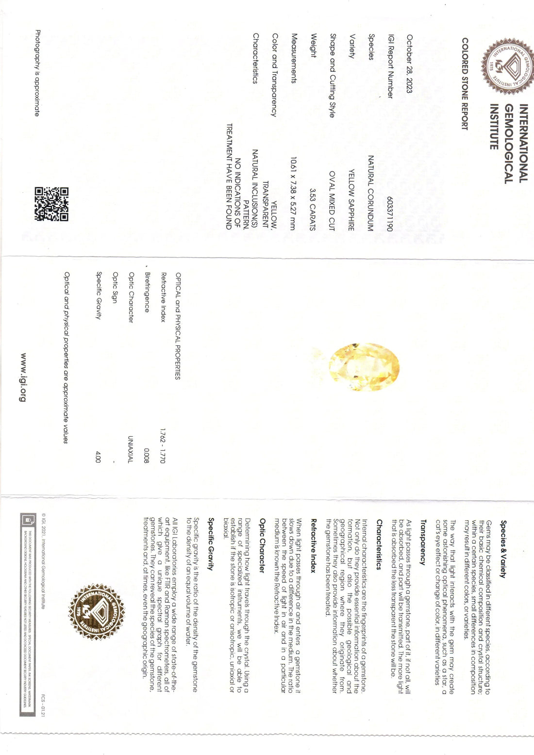 3.53 Ct IGI Certified Unheated Untreated Natural Ceylon Yellow Sapphire - Venus Gems