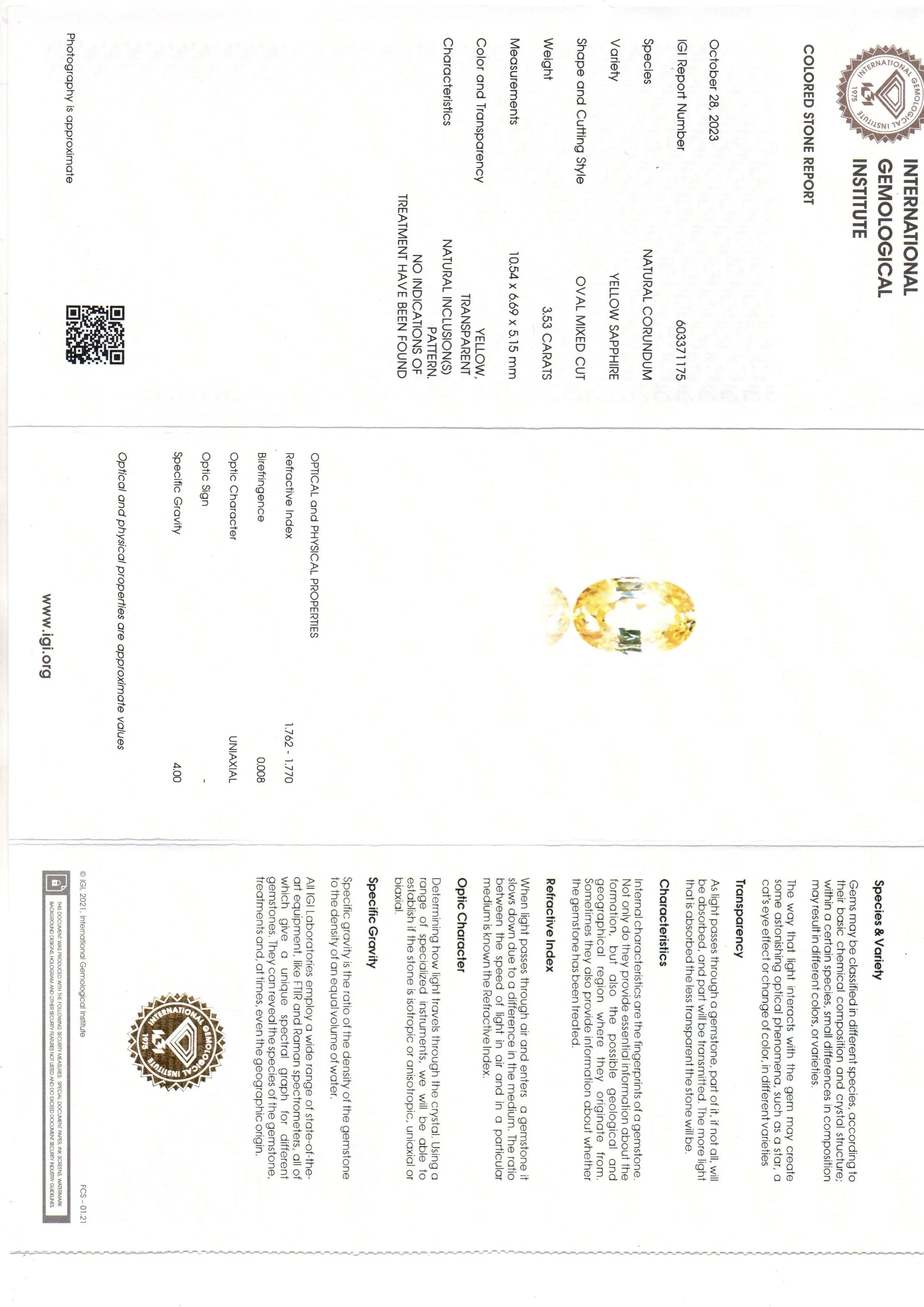 3.53 Ct IGI Certified Unheated Untreated Natural Ceylon Yellow Sapphire - Venus Gems