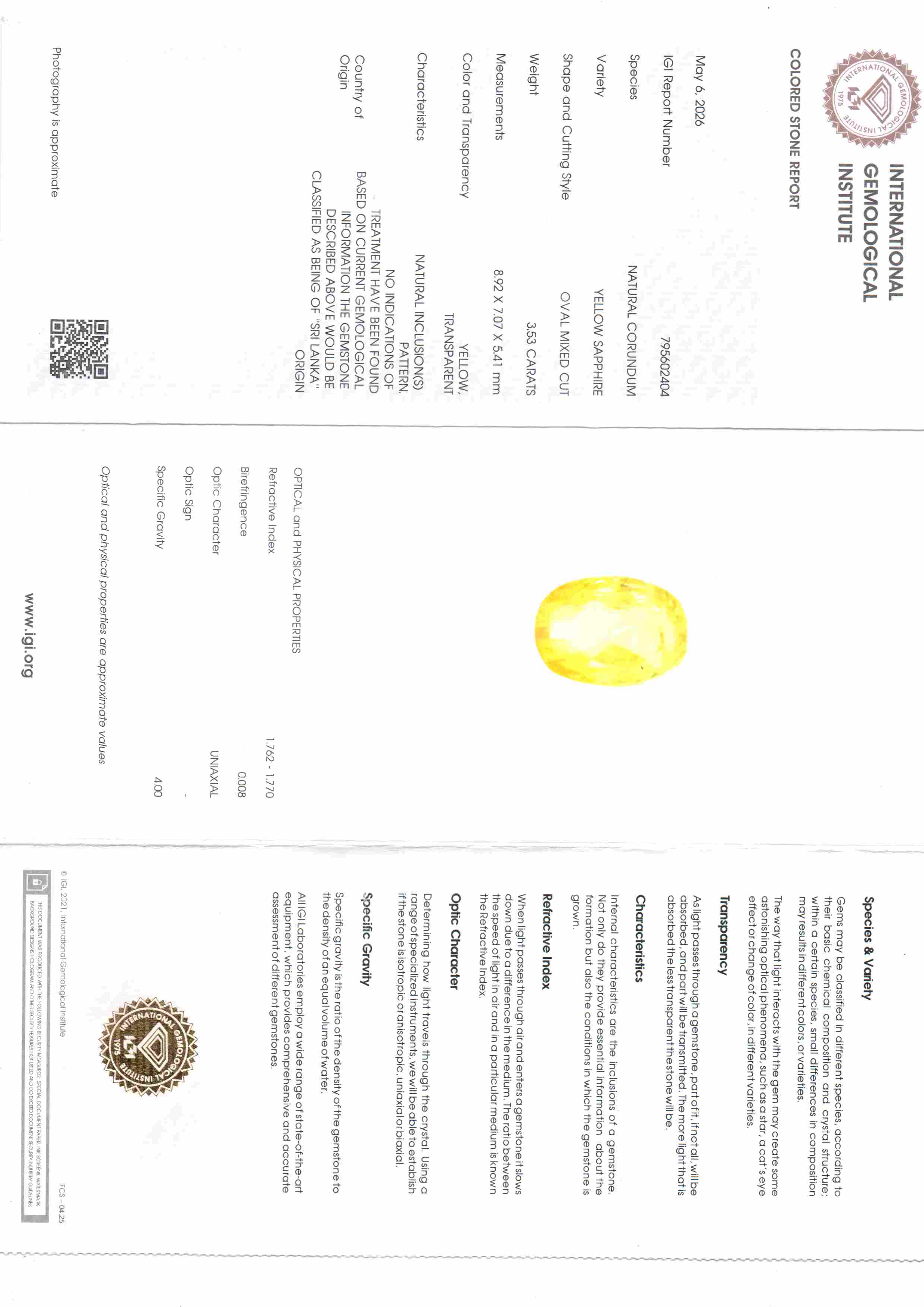 3.53 Carat 3.88 Ratti IGI Certified Yellow Sapphire Pukhraj Unheated Stone