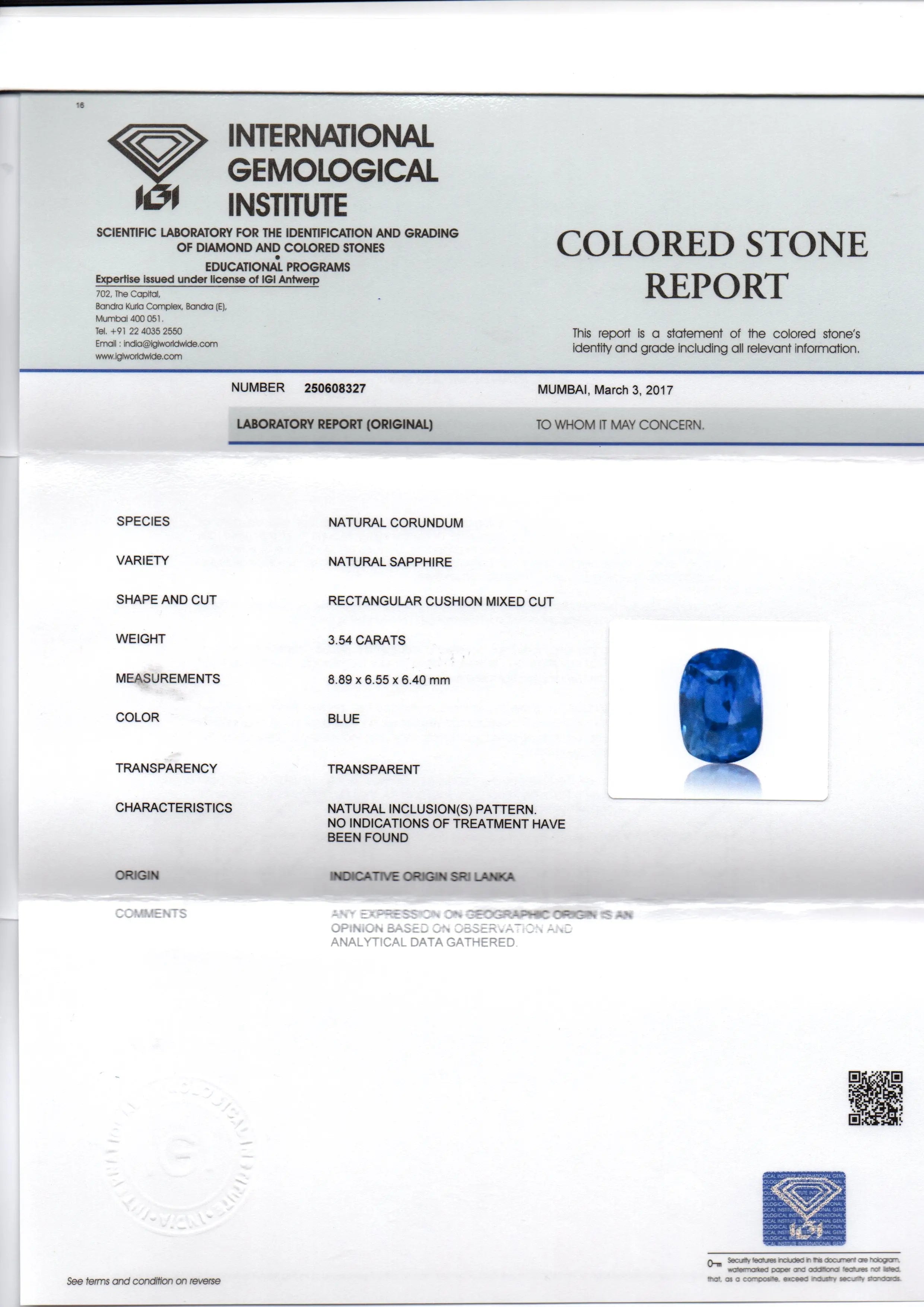 3.54 Ct IGI Certified Unheated Untreated Natural Ceylon Blue Sapphire