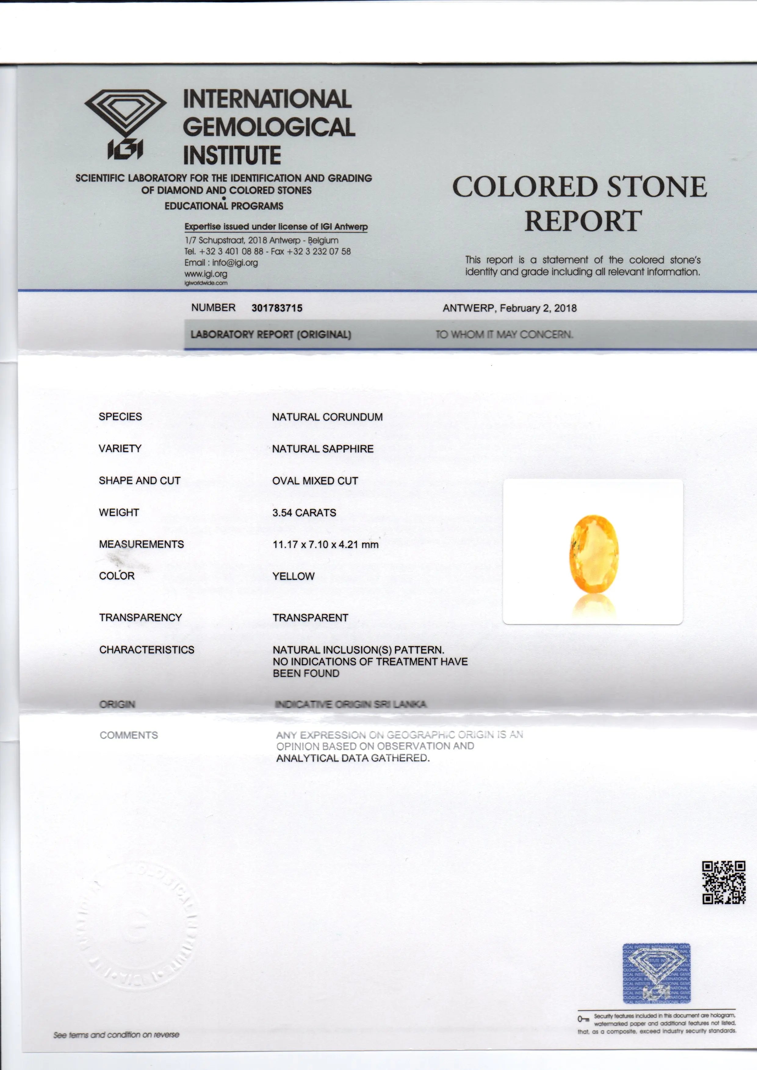 3.54 Ct IGI Certified Unheated Untreated Natural Ceylon Yellow Sapphire