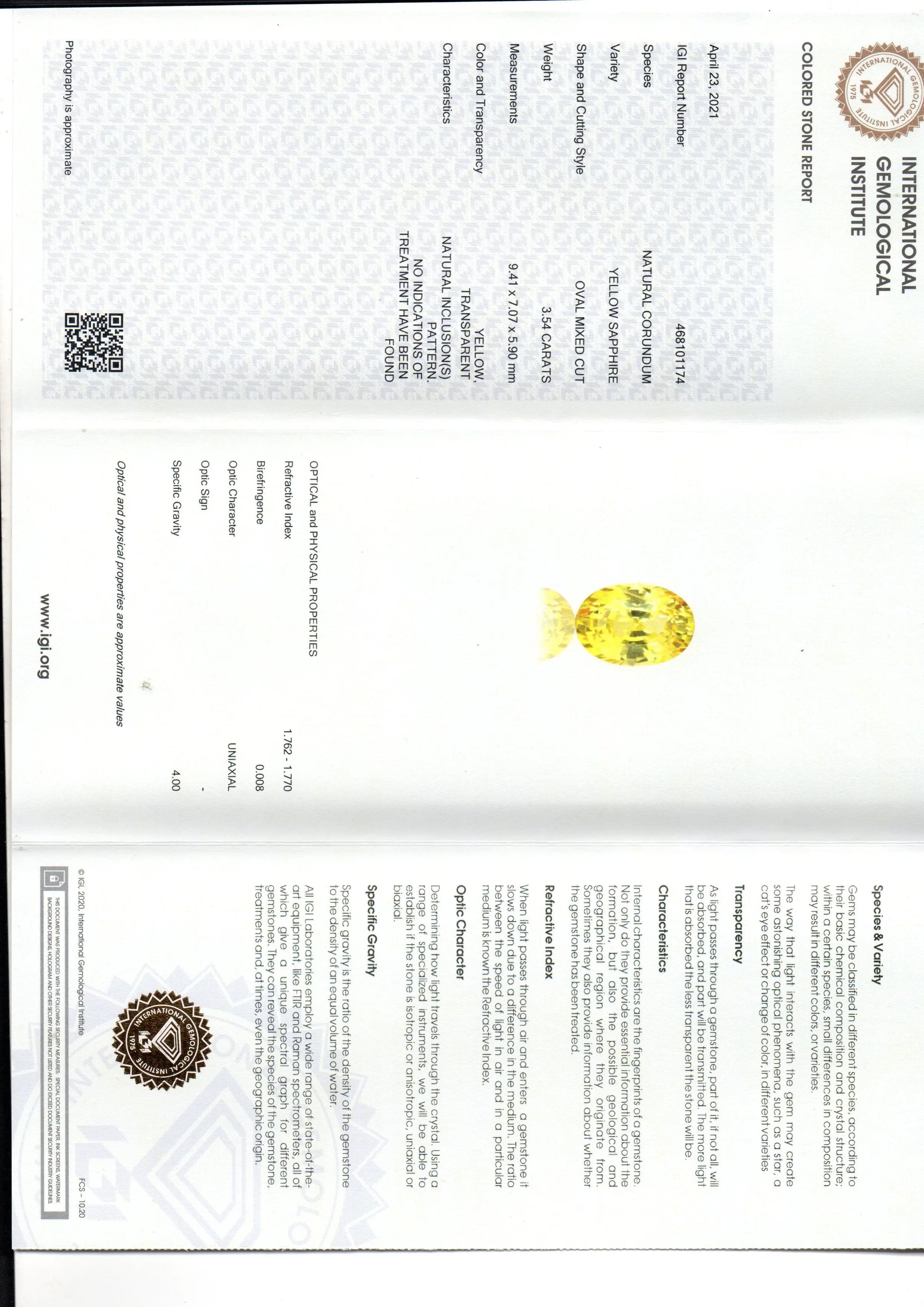 3.54 Ct IGI Certified Unheated Untreated Natural Ceylon Yellow Sapphire AAAAA