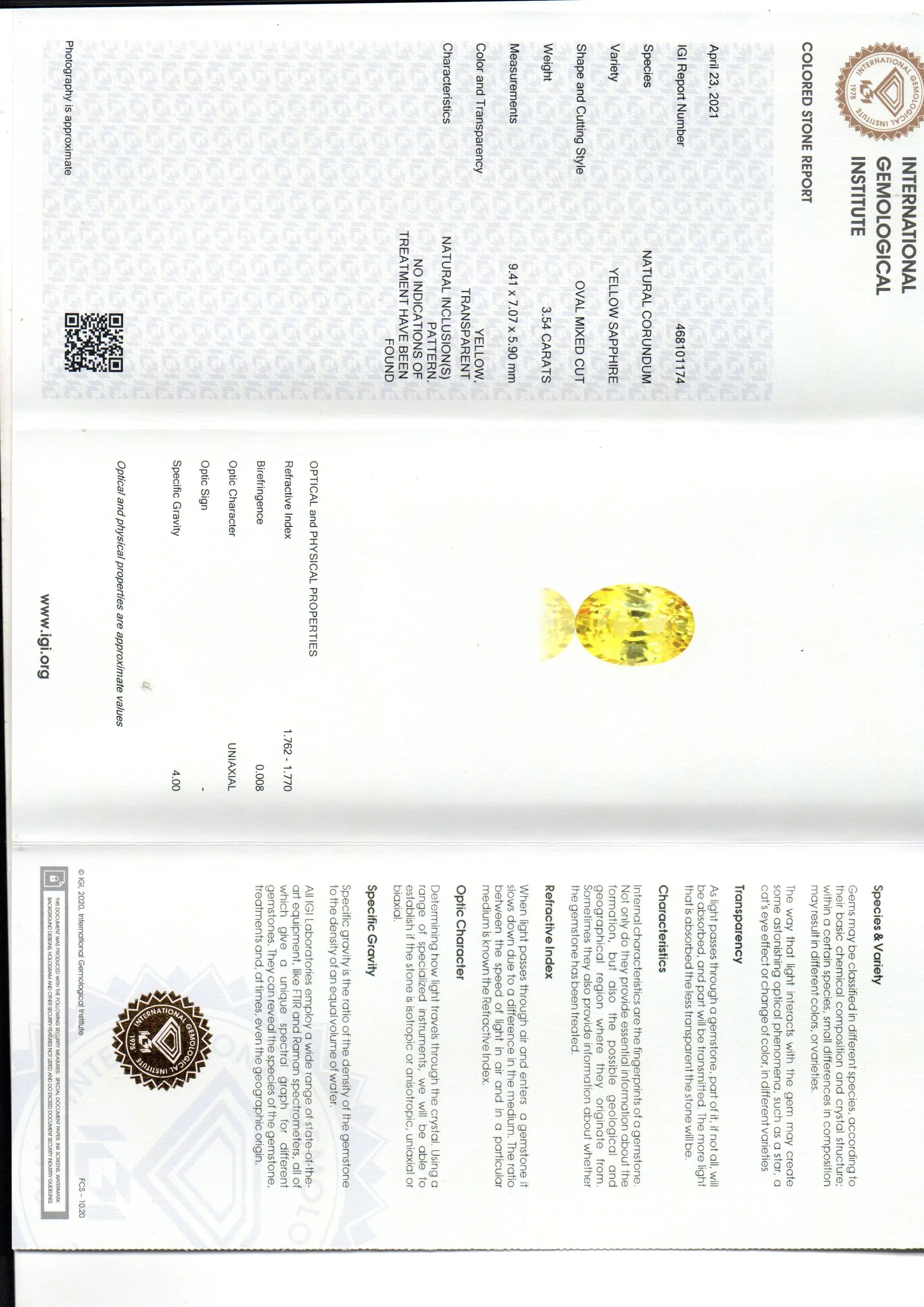 3.54 Ct IGI Certified Unheated Untreated Natural Ceylon Yellow Sapphire AAAAA