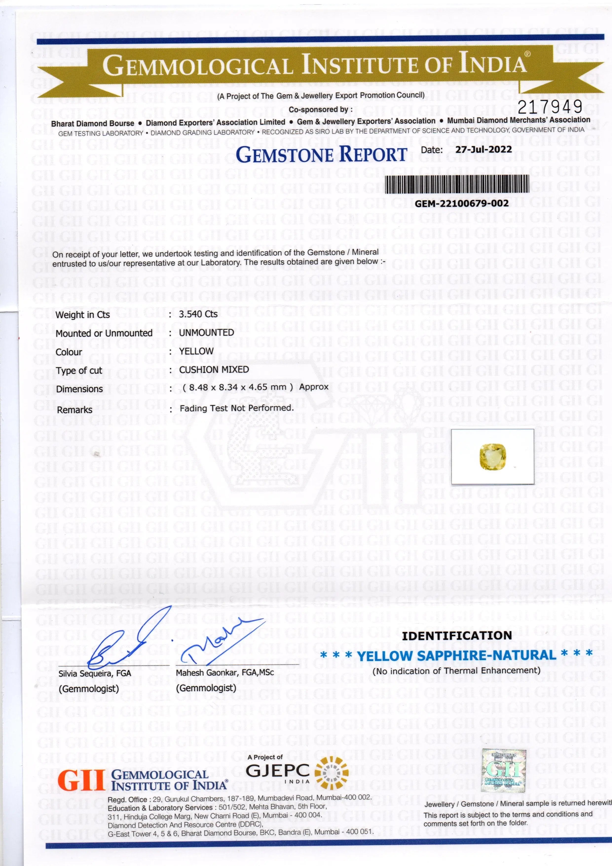 3.54 Ct GII Certified Unheated Untreated Natural Ceylon Yellow Sapphire
