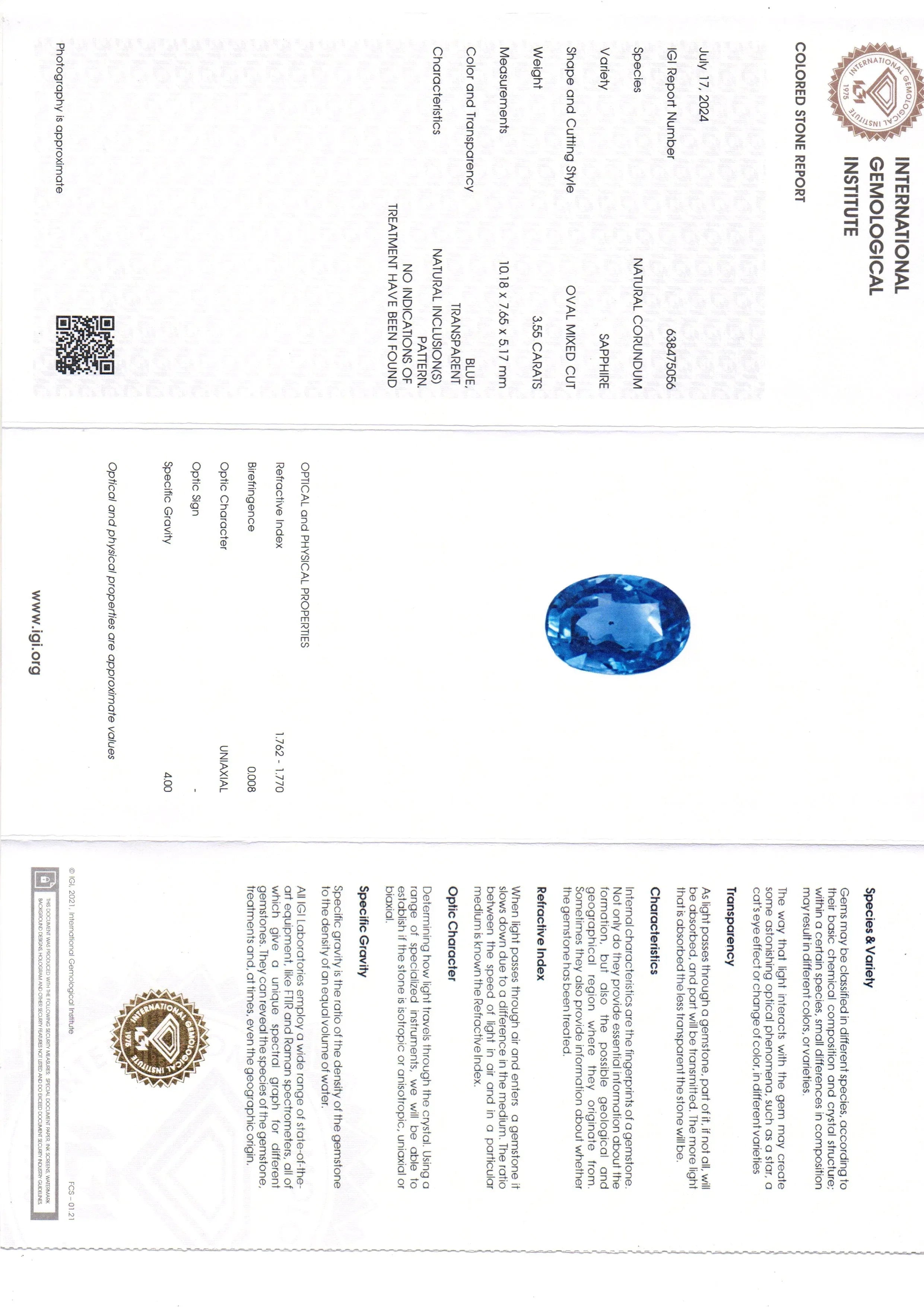 3.55 Ct IGI Certified Unheated Untreated Natural Ceylon Blue Sapphire - Venus Gems