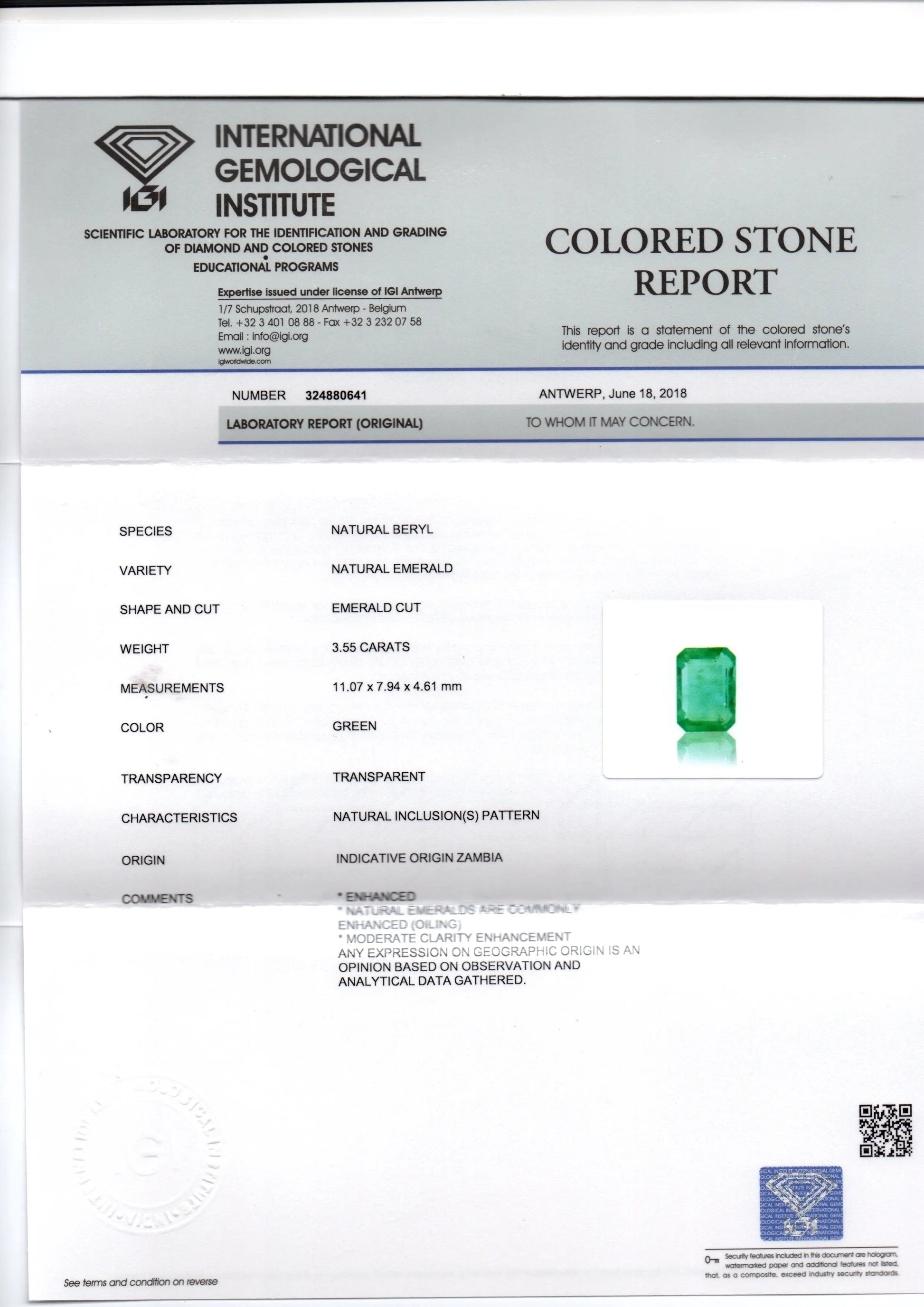 3.55 Ct IGI Certified Untreated Natural Zambian Emerald Gemstone AAA