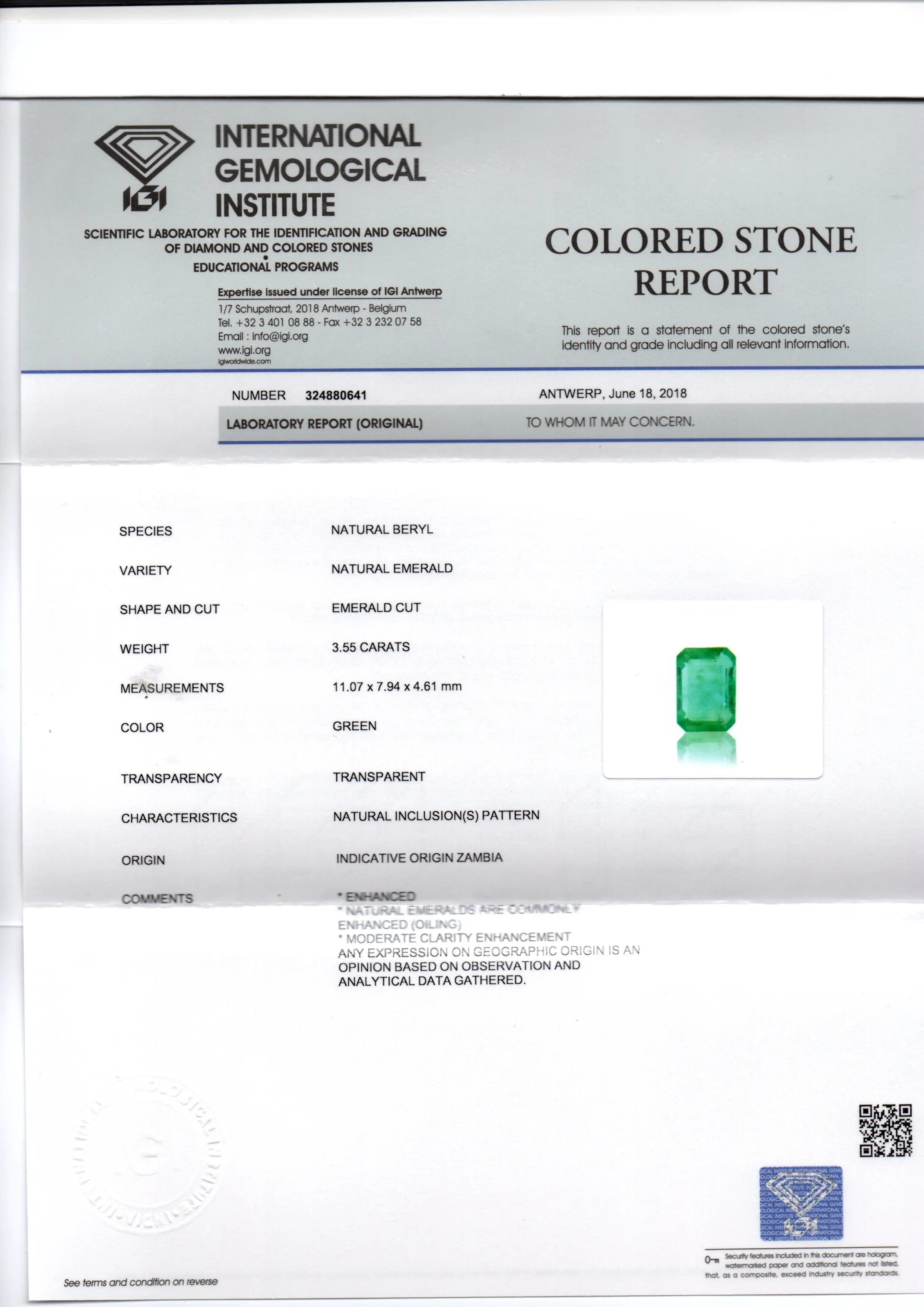 3.55 Ct IGI Certified Untreated Natural Zambian Emerald Gemstone AAA