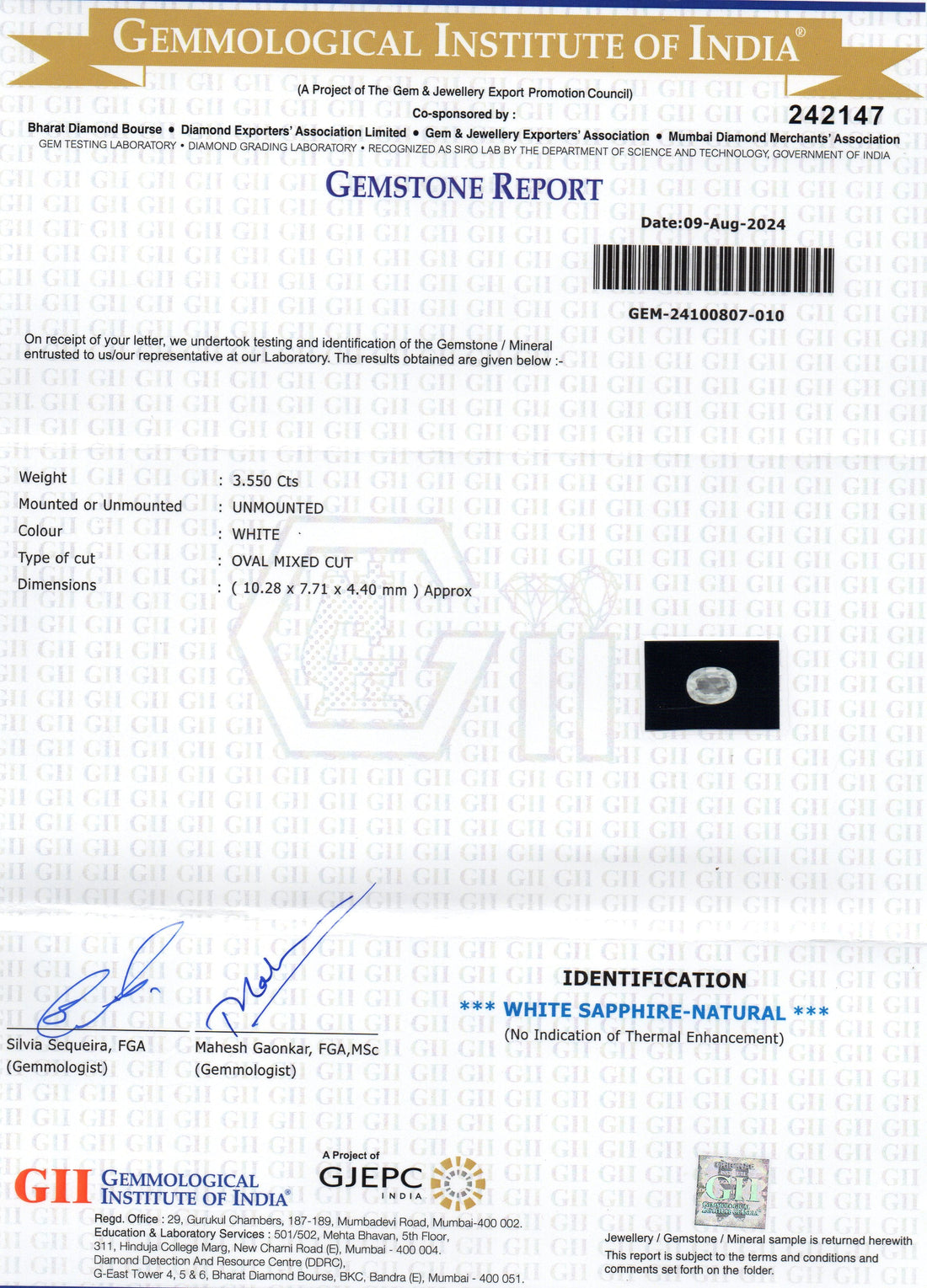 3.55 Ct GII Certified Unheated Untreated Natural Ceylon White Sapphire AAA