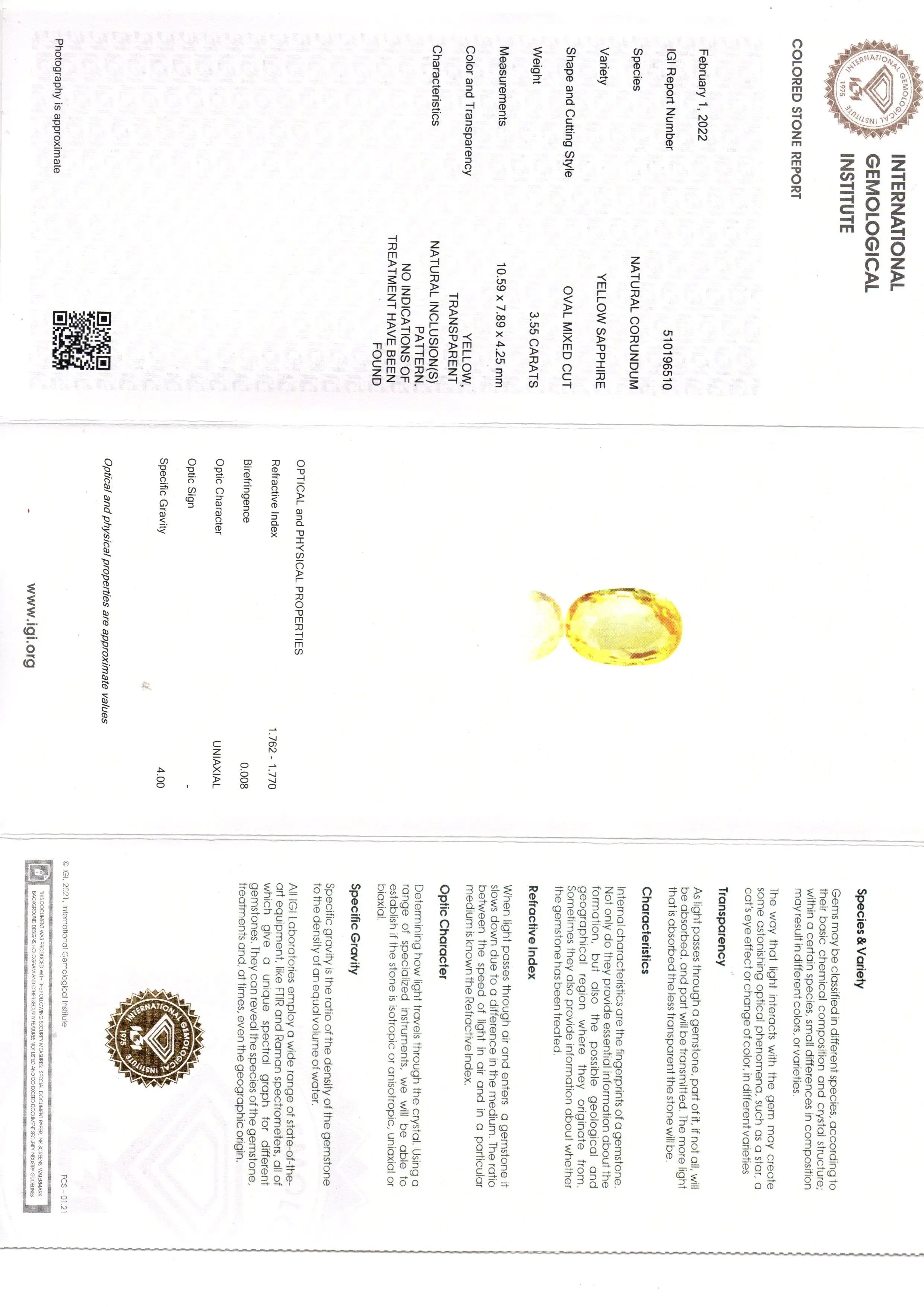 3.55 Ct IGI Certified Unheated Untreated Natural Ceylon Yellow Sapphire AAA
