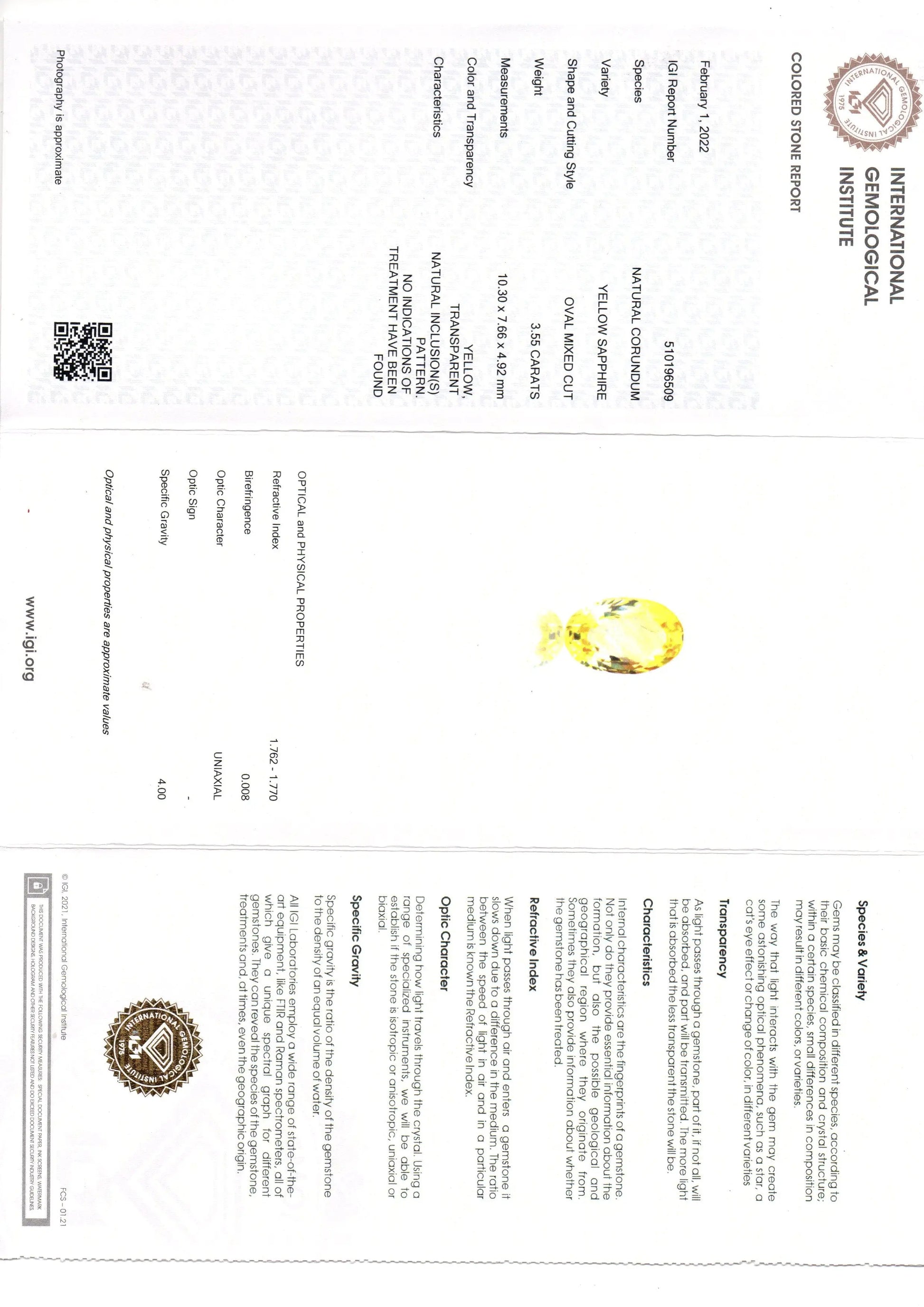3.55 Ct IGI Certified Unheated Untreated Natural Ceylon Yellow Sapphire AAA