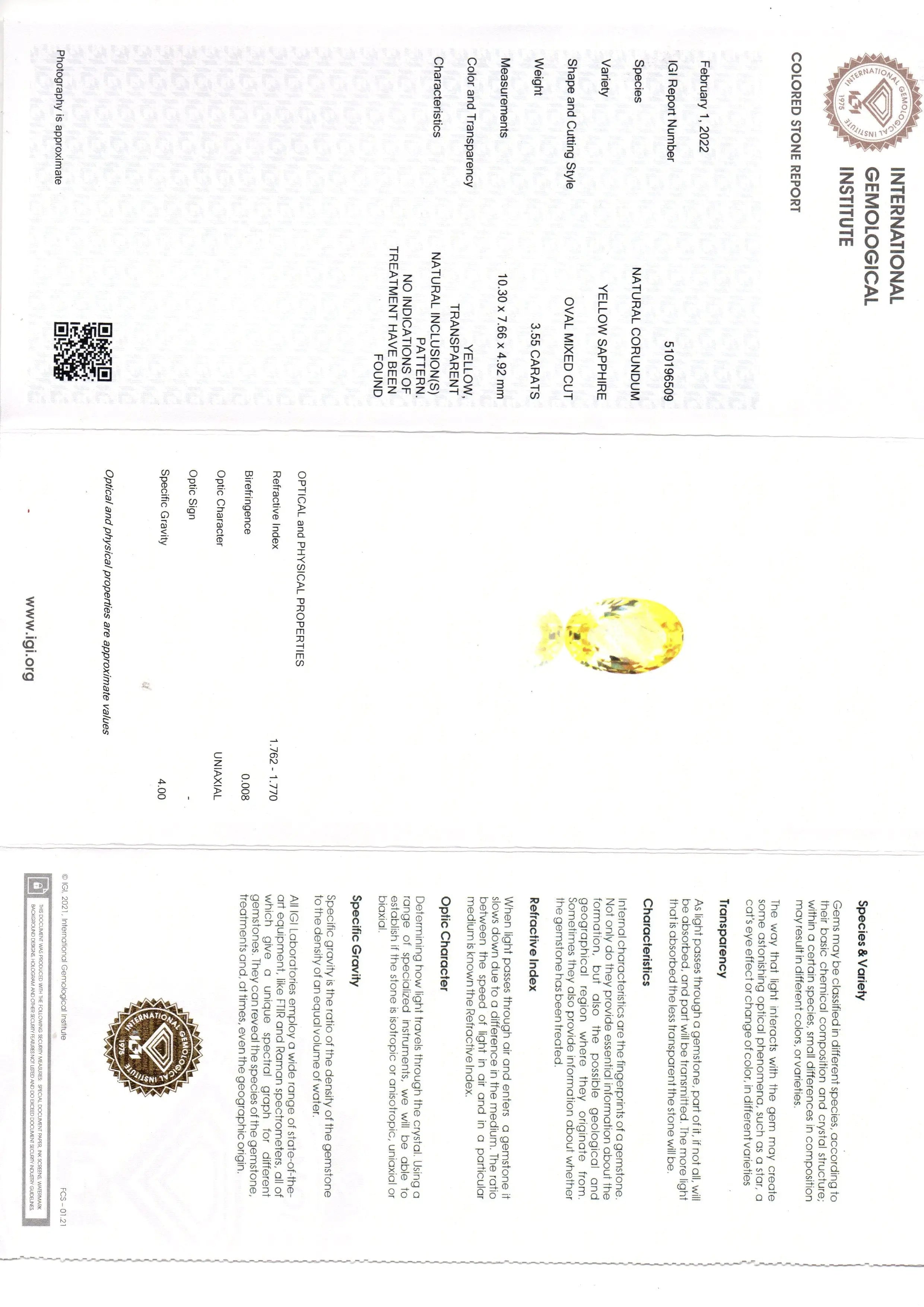 3.55 Ct IGI Certified Unheated Untreated Natural Ceylon Yellow Sapphire AAA
