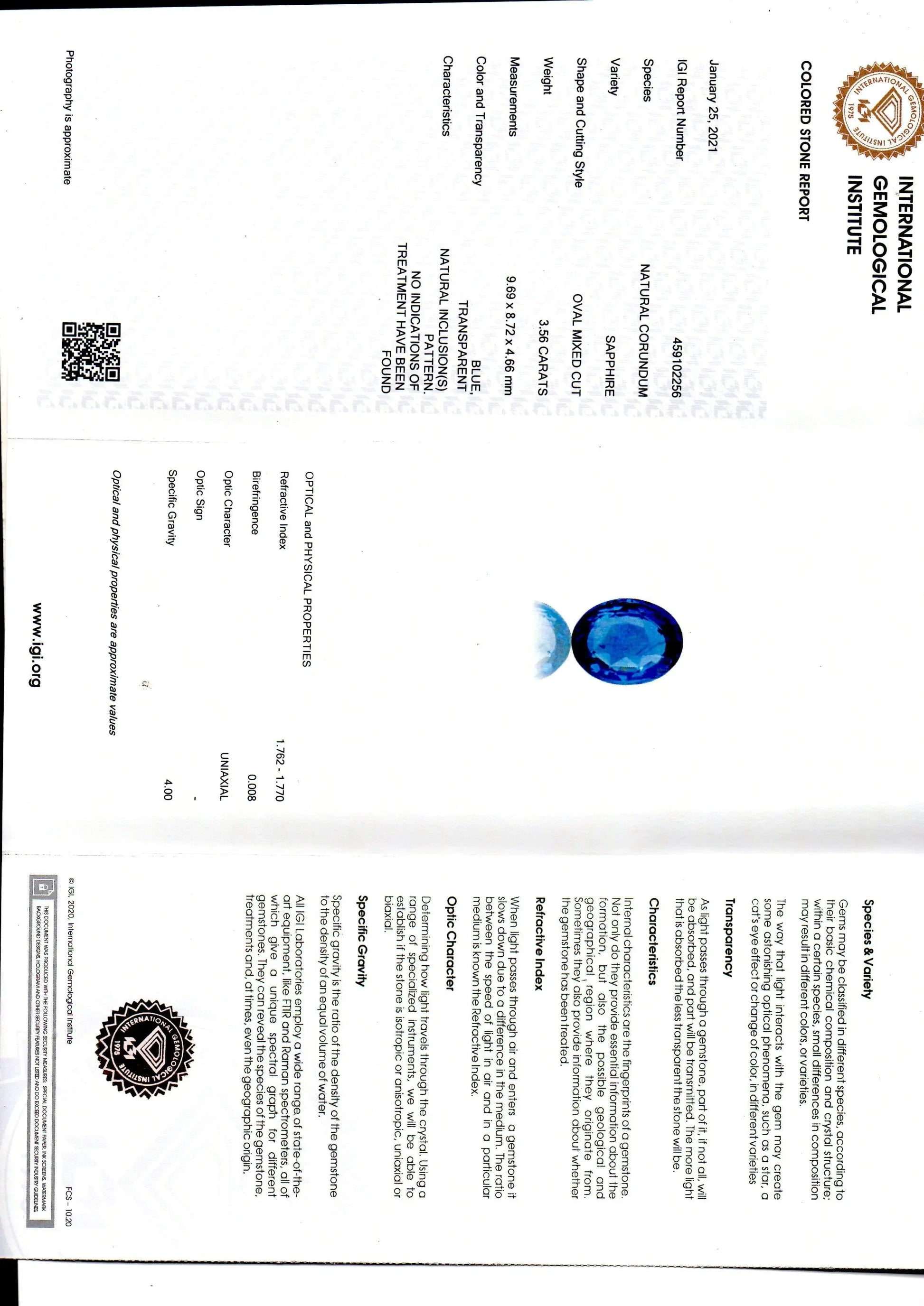 3.56 Ct IGI Certified Unheated Untreated Natural Ceylon Blue Sapphire AAA - Venus Gems