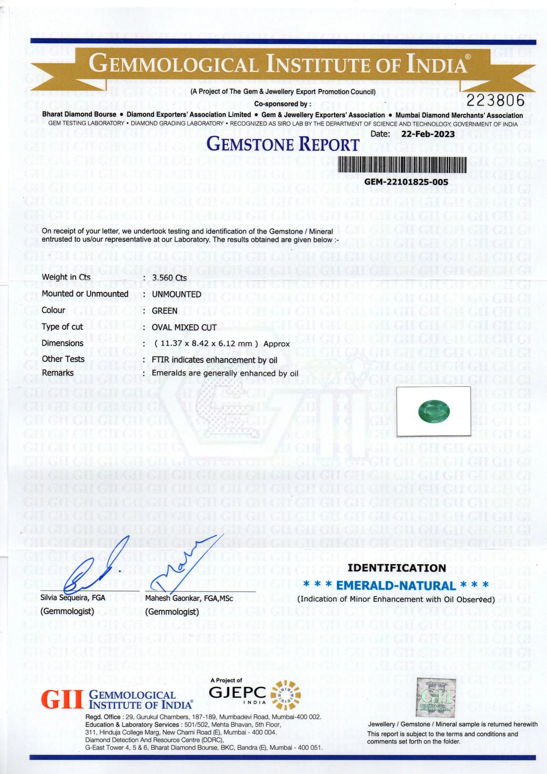 3.56 Ct GII Certified Untreated Natural Zambian Emerald Gemstone Panna AA - Venus Gems