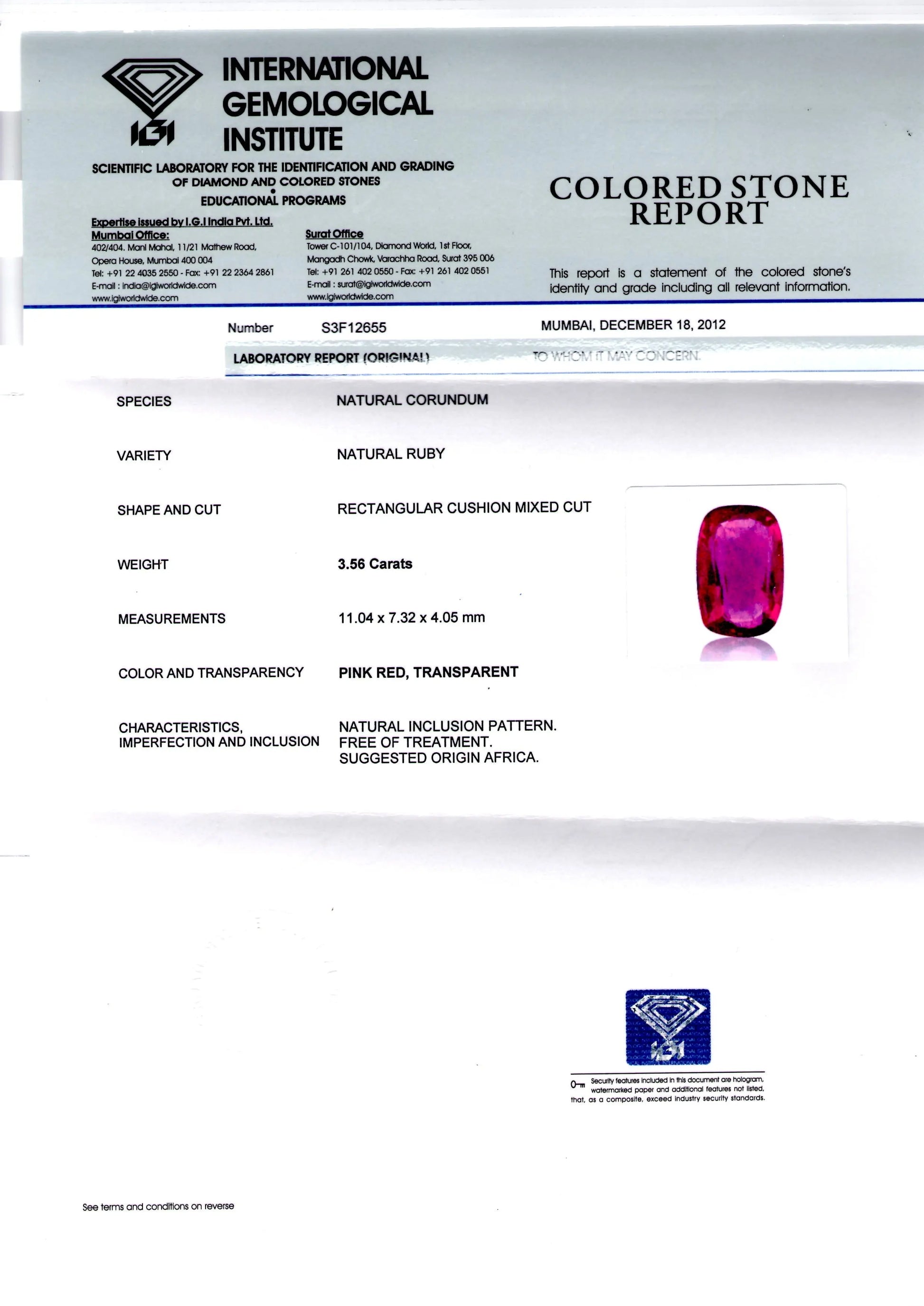 3.56 Ct IGI Certified Unheated Untreated Madagaskar Natural Ruby