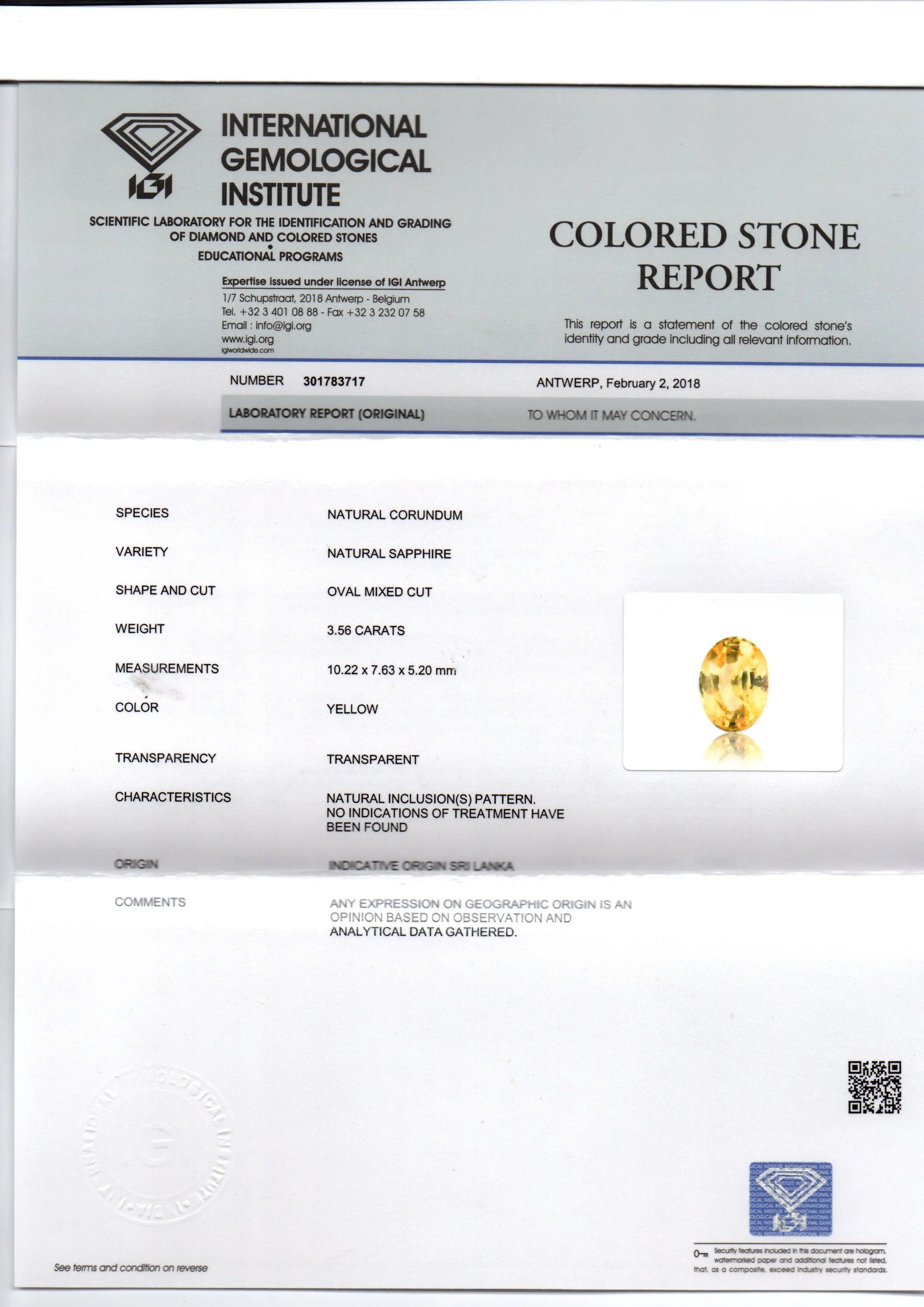 3.56 Ct IGI Certified Unheated Untreated Natural Ceylon Yellow Sapphire