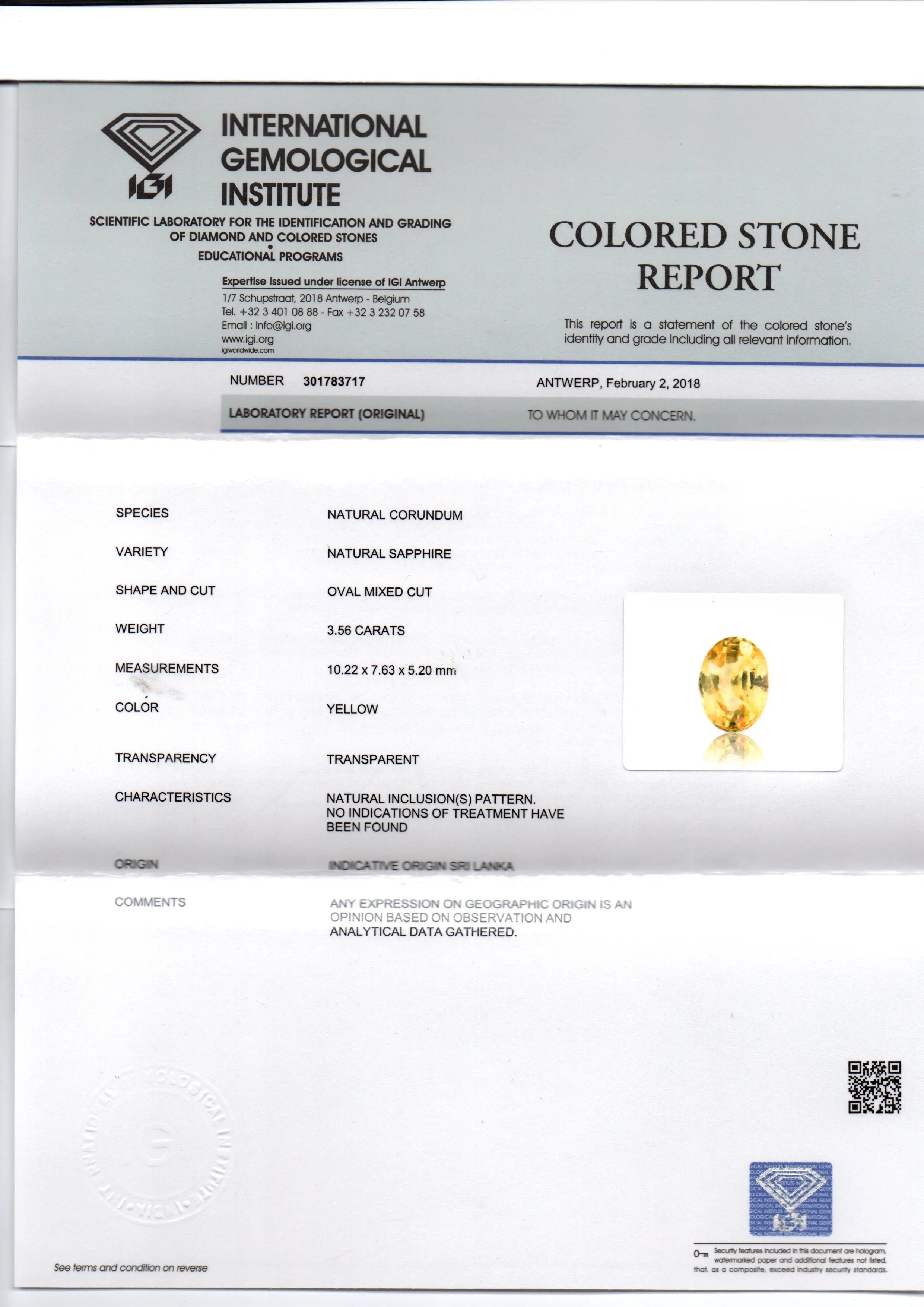 3.56 Ct IGI Certified Unheated Untreated Natural Ceylon Yellow Sapphire