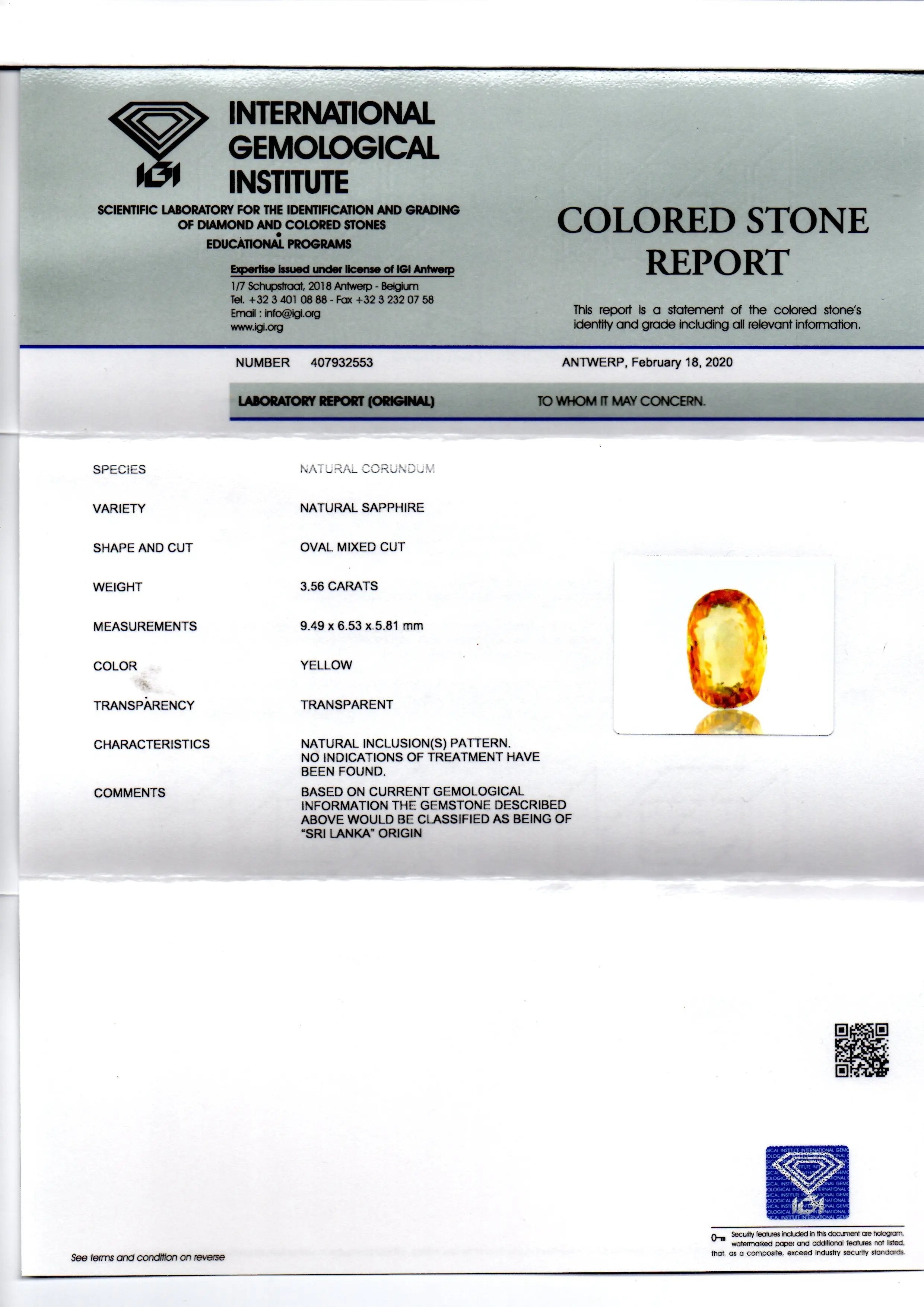 3.56 Ct IGI Certified Unheated Untreated Natural Ceylon Yellow Sapphire