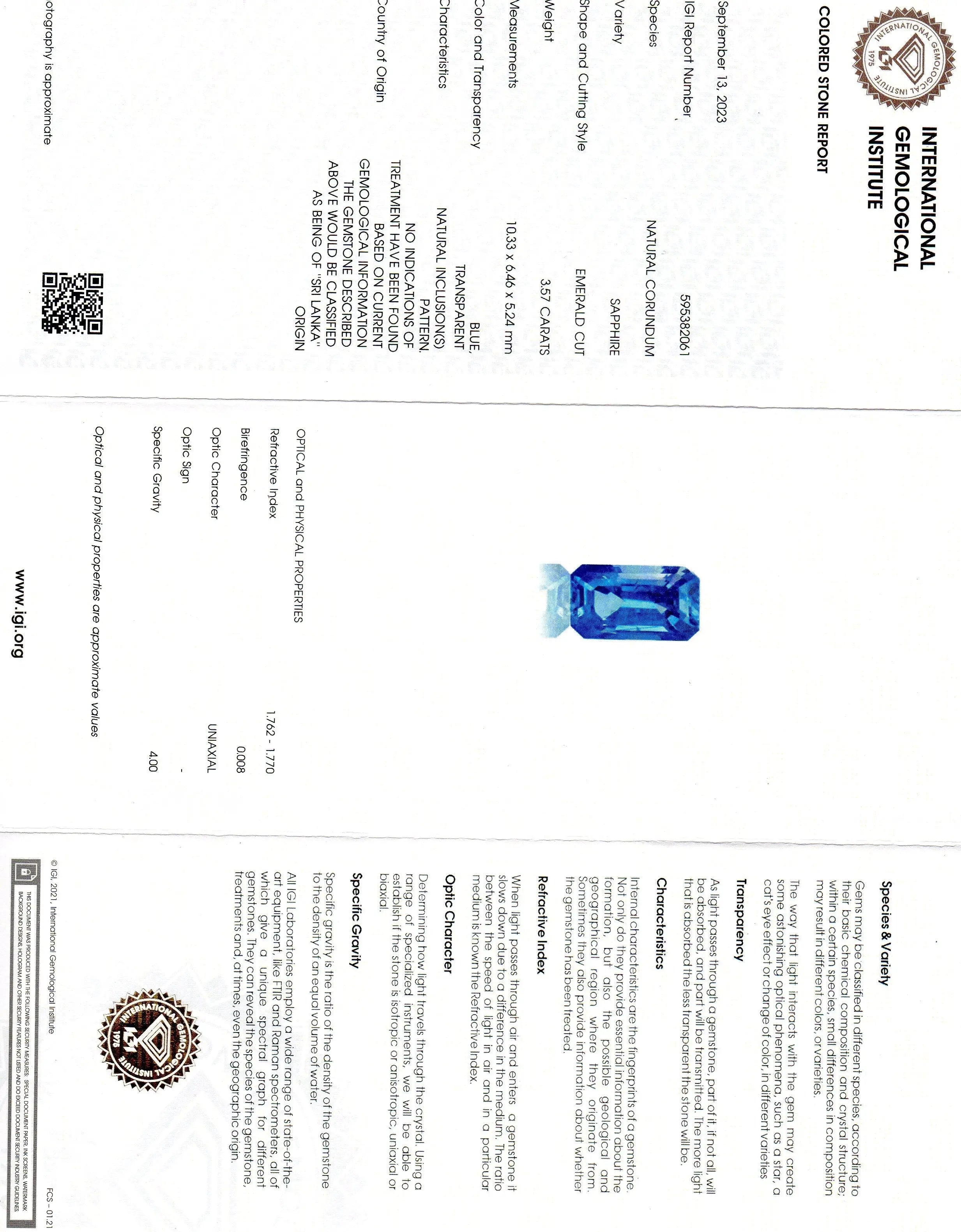 3.57 Ct IGI Certified Unheated Untreated Natural Ceylon Blue Sapphire AAAAA